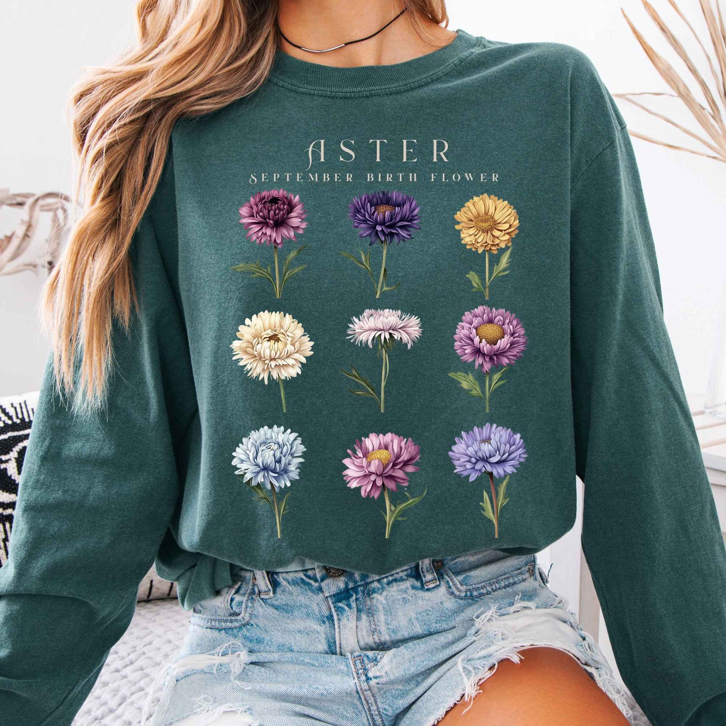 Long-sleeve Blue Spruce / S Aster September Birth Month Flower Long Sleeve Shirt The Mystic Eden
