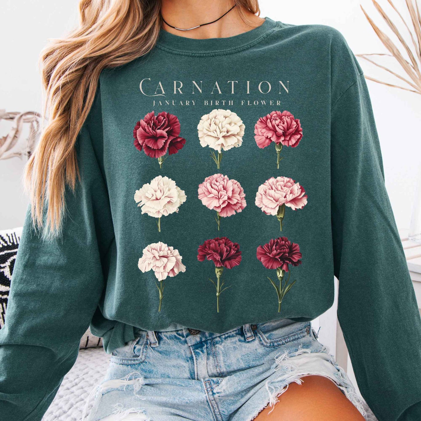 Long-sleeve Blue Spruce / S Carnation January Birth Month Flower Long Sleeve Shirt The Mystic Eden