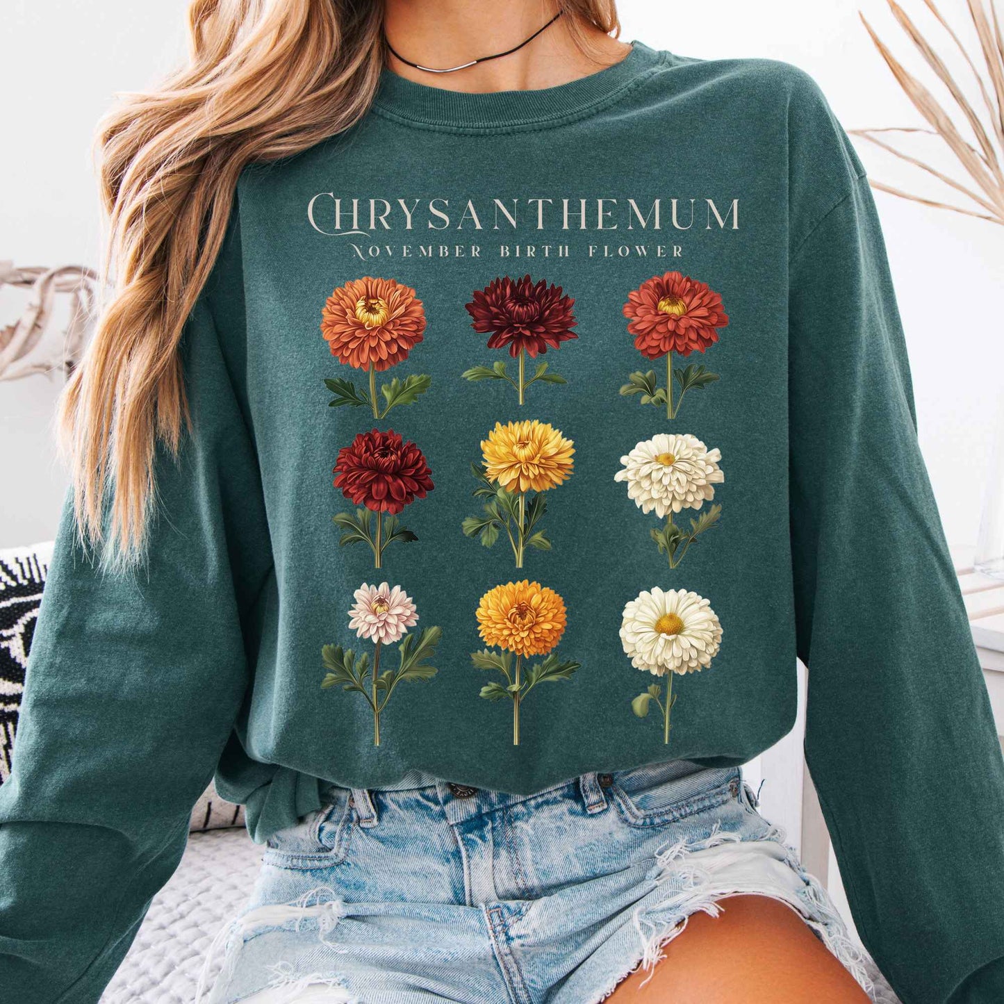 Long-sleeve Blue Spruce / S Chrysanthemum November Birth Month Flower Long Sleeve Shirt The Mystic Eden