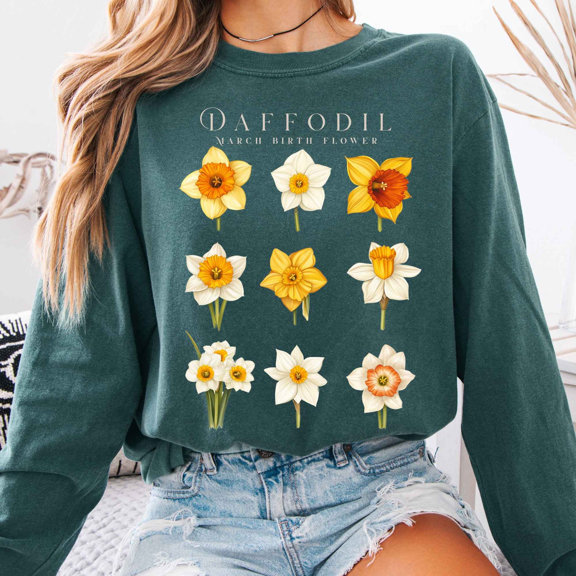 Long-sleeve Blue Spruce / S Daffodil March Birth Month Flower Long Sleeve Shirt The Mystic Eden