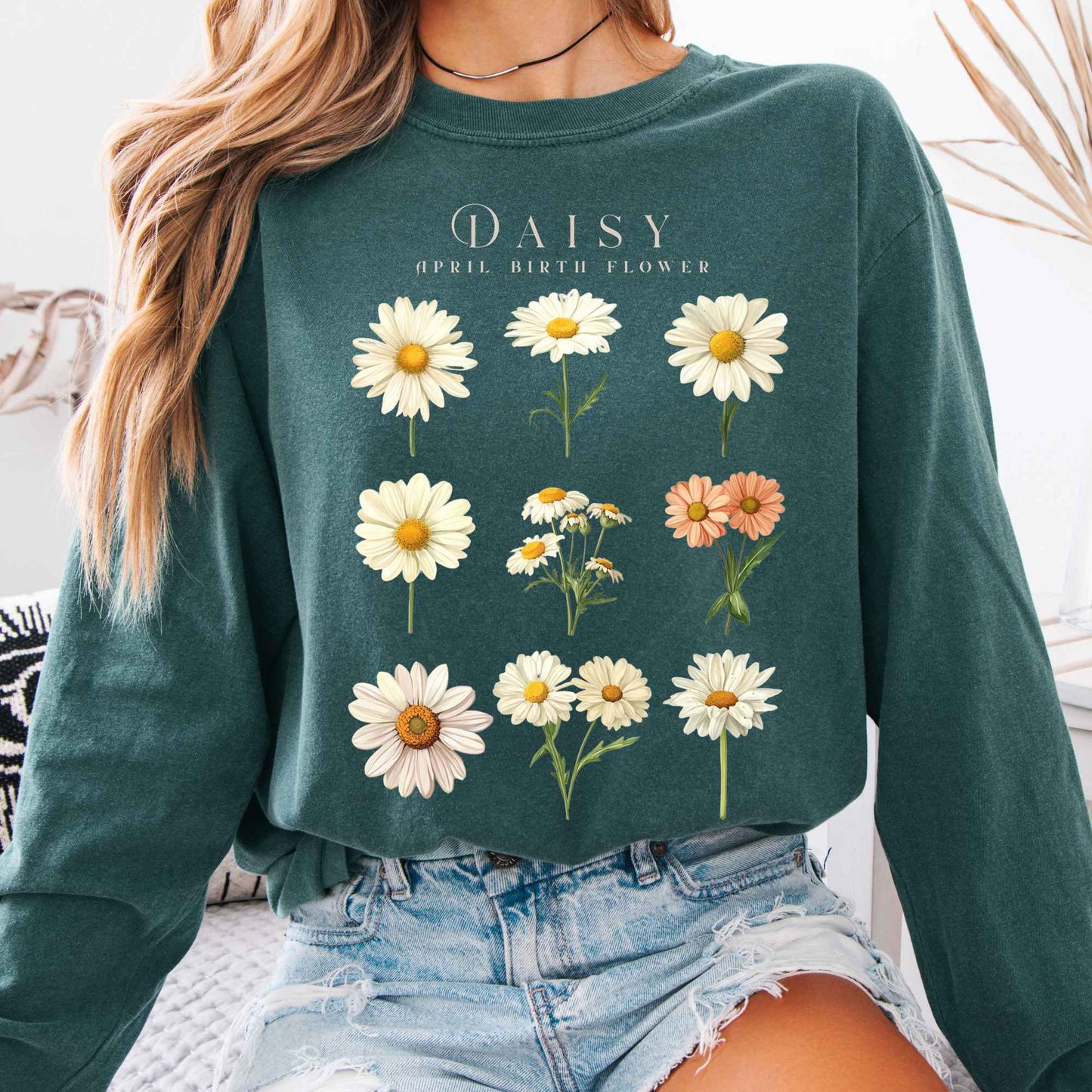 Long-sleeve Blue Spruce / S Daisy April Birth Month Flower Long Sleeve Shirt The Mystic Eden