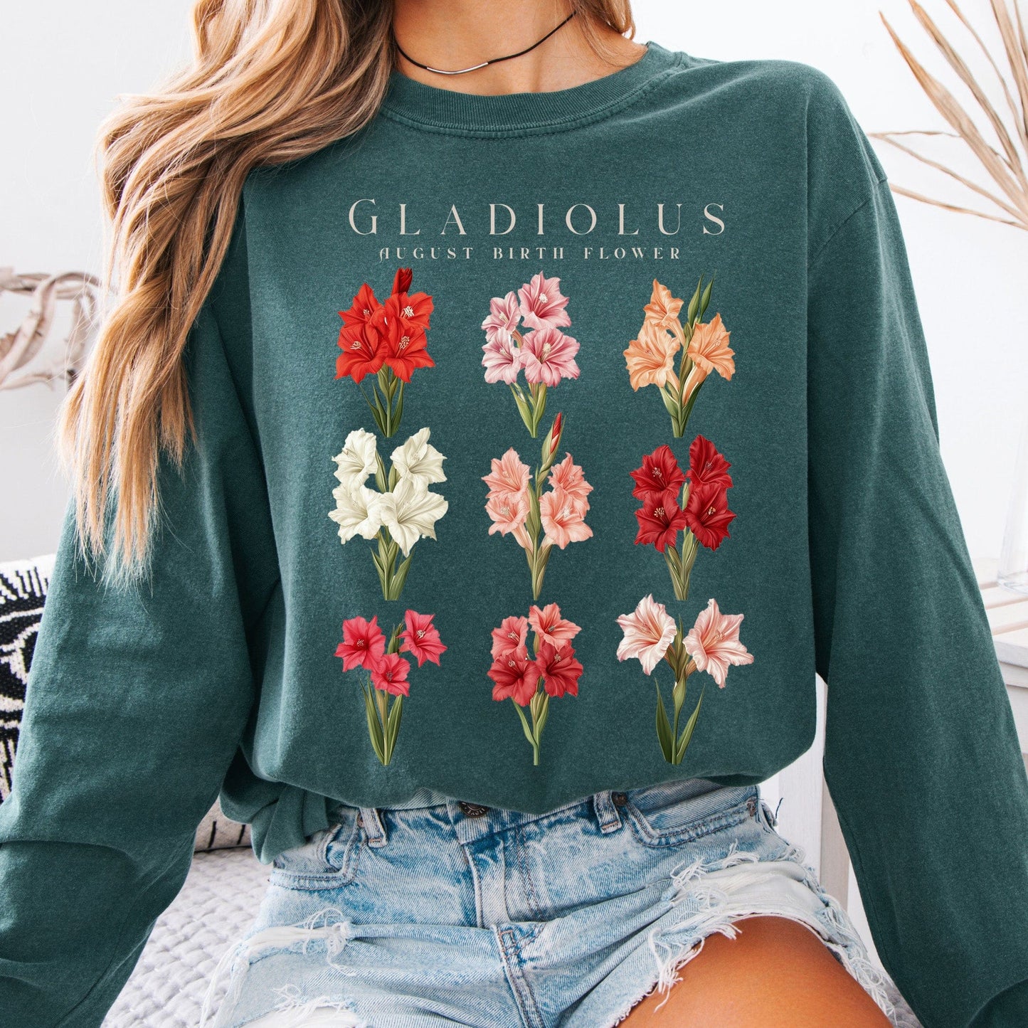 Long-sleeve Blue Spruce / S Gladiolus August Birth Month Flower Long Sleeve Shirt The Mystic Eden