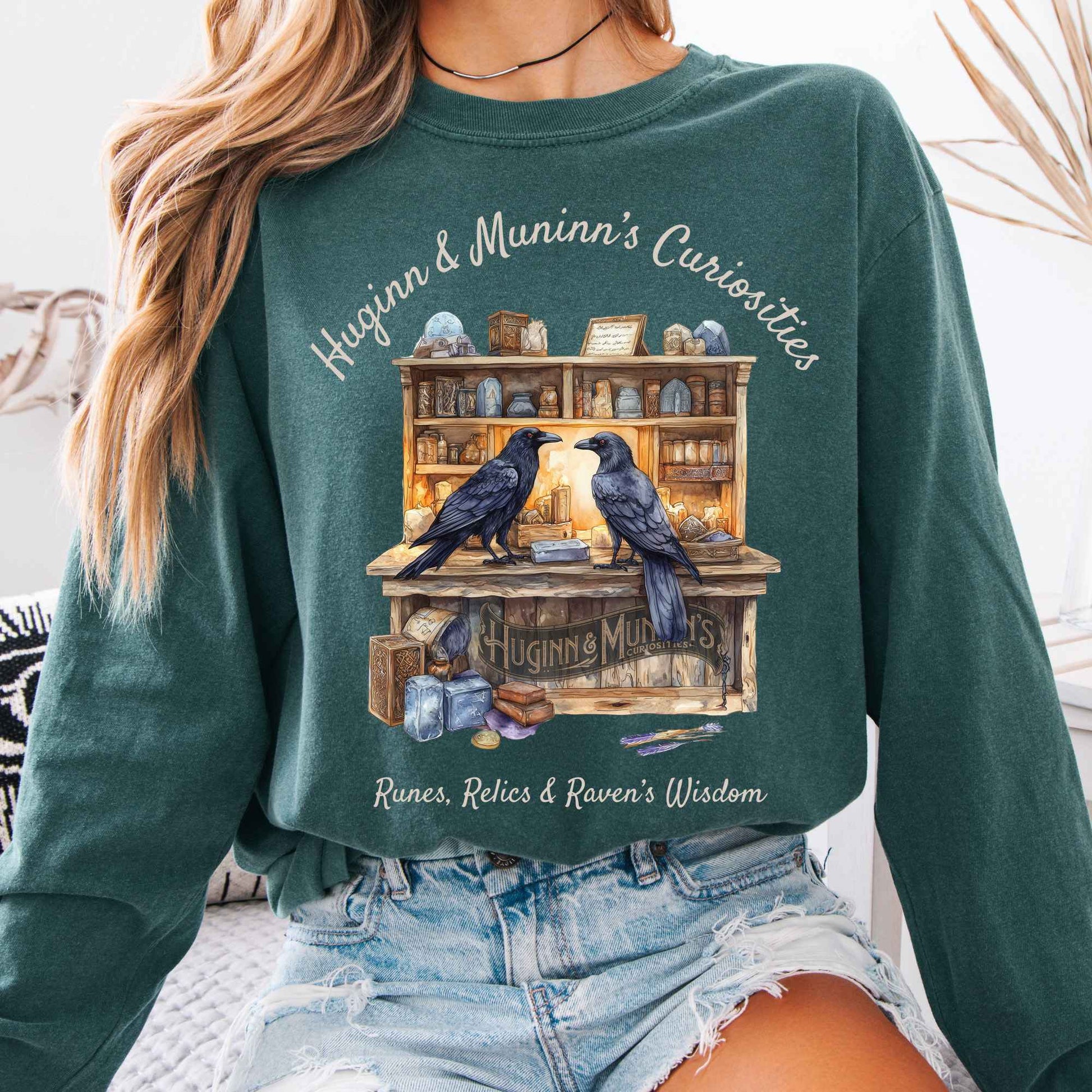 Long-sleeve Blue Spruce / S Huginn & Muninn's Curiosities Norse Gods Long Sleeve Shirt The Mystic Eden