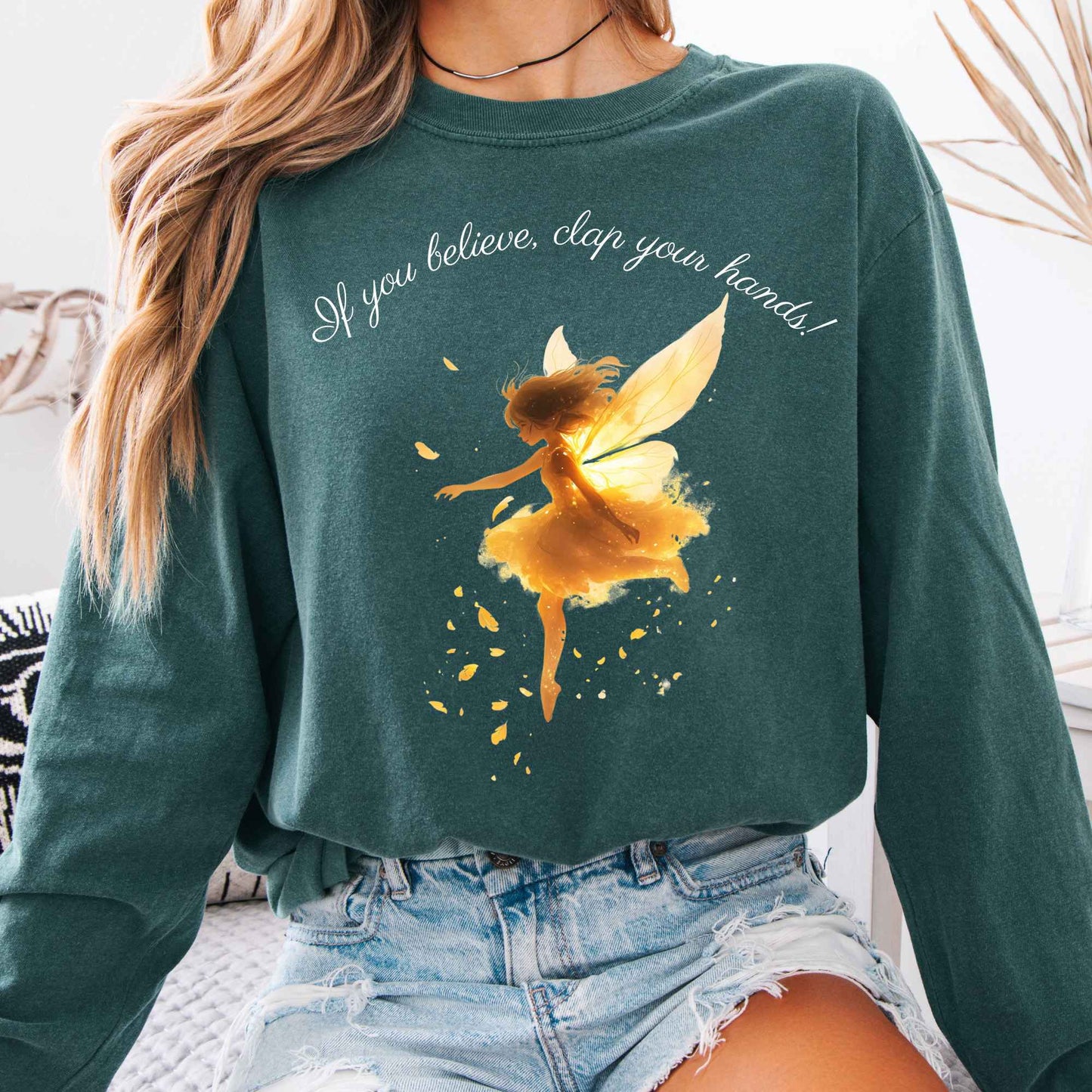 Long-sleeve Blue Spruce / S If You Believe, Clap Your Hands! Pan Long Sleeve Shirt The Mystic Eden