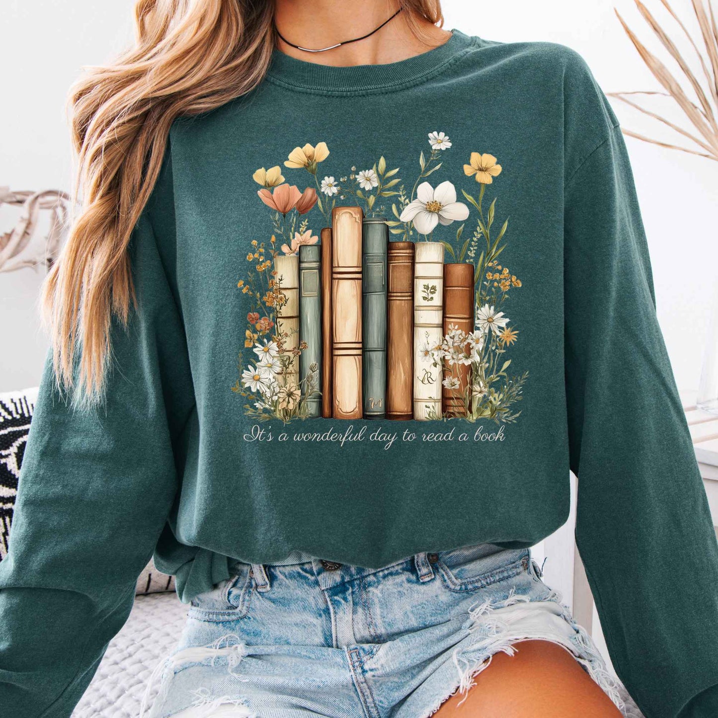 Long-sleeve Blue Spruce / S It's a Wonderful Day to Read a Book Long Sleeve Shirt The Mystic Eden