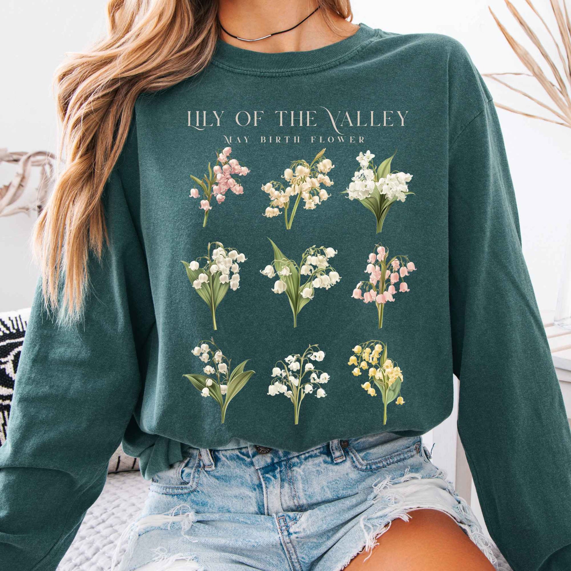 Long-sleeve Blue Spruce / S Lily of The Valley May Birth Month Flower Long Sleeve Shirt The Mystic Eden