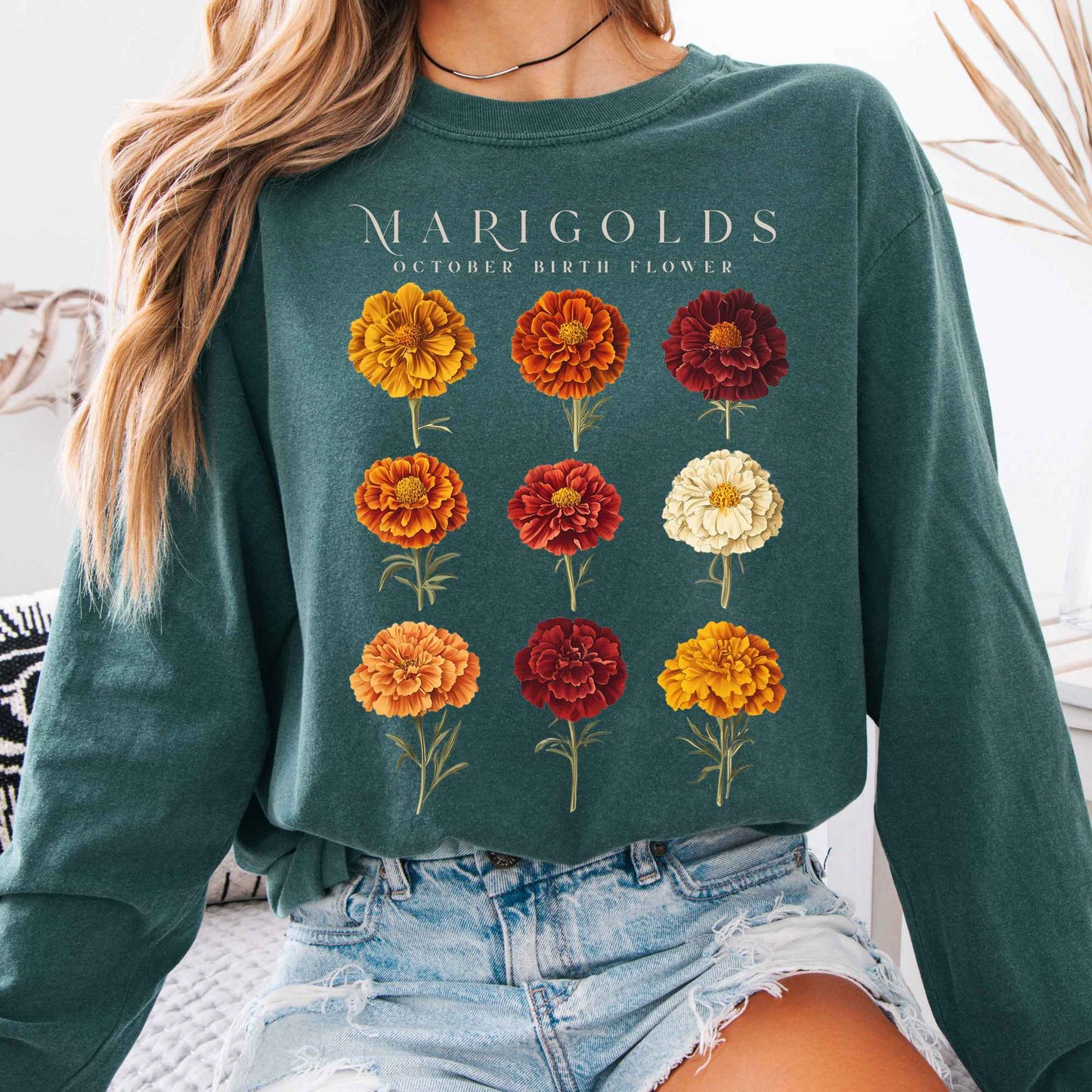 Long-sleeve Blue Spruce / S Marigolds October Birth Month Flower Long Sleeve Shirt The Mystic Eden