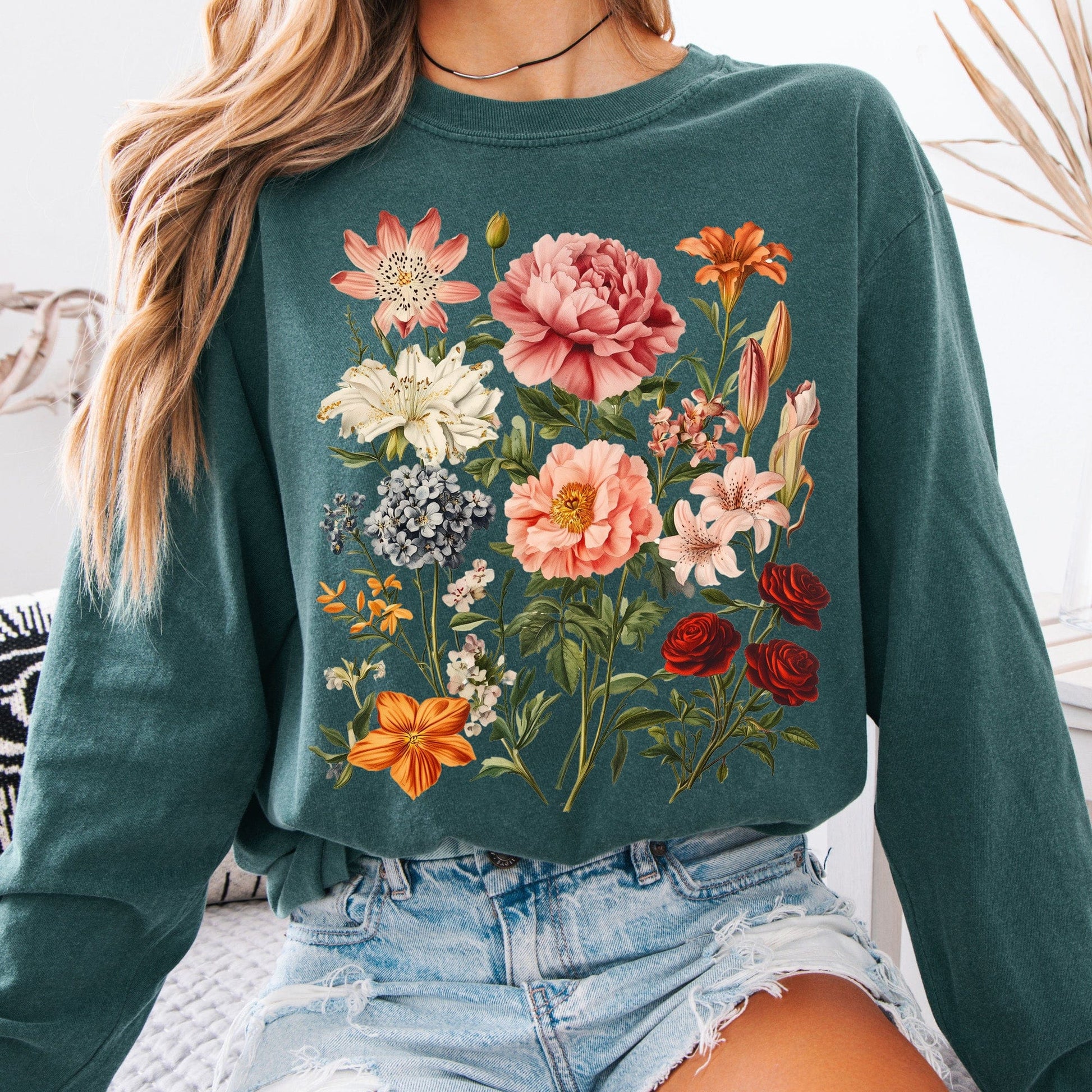 Long-sleeve Blue Spruce / S Mixed Florals Long Sleeve Shirt The Mystic Eden
