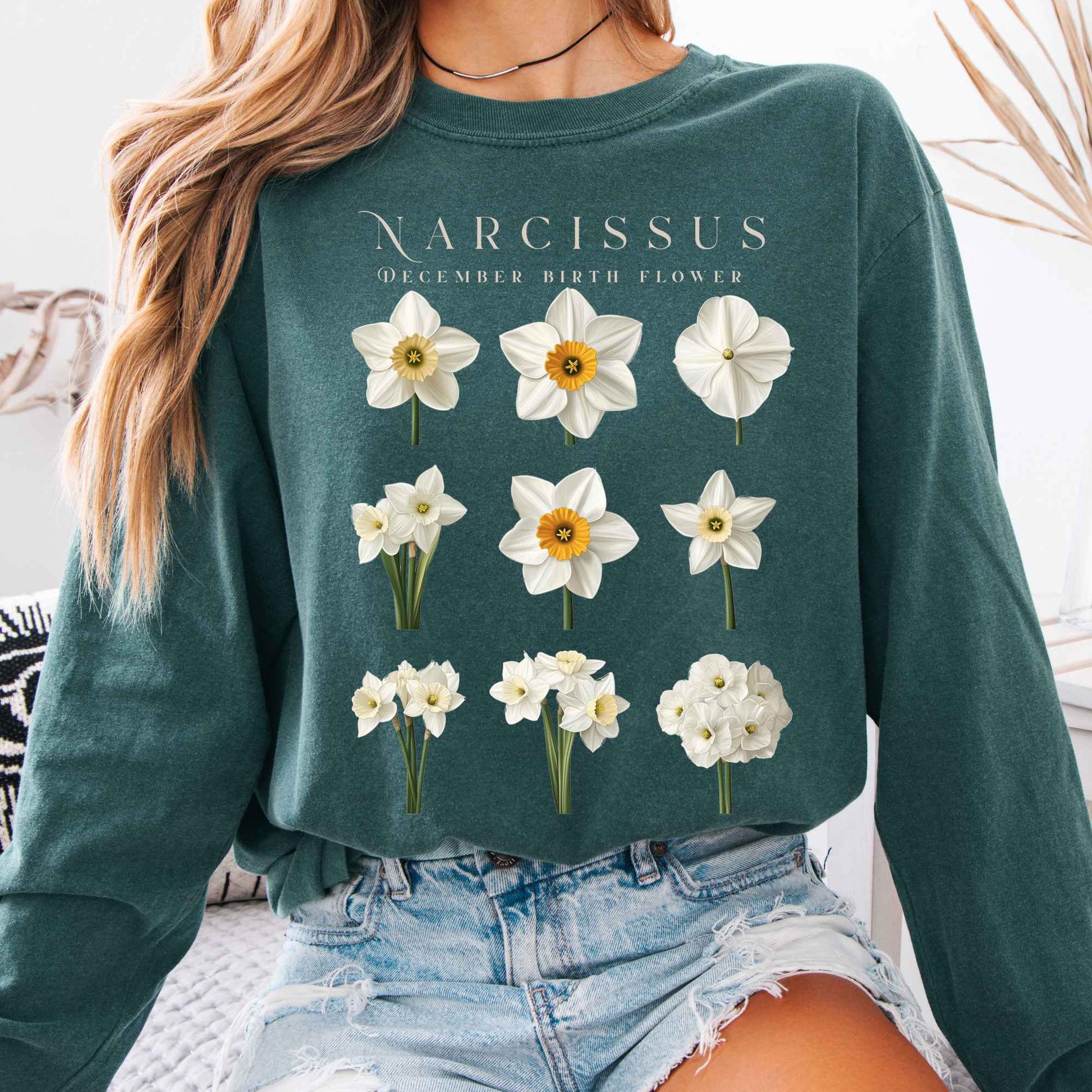 Long-sleeve Blue Spruce / S Narcissus December Birth Month Flower Long Sleeve Shirt The Mystic Eden