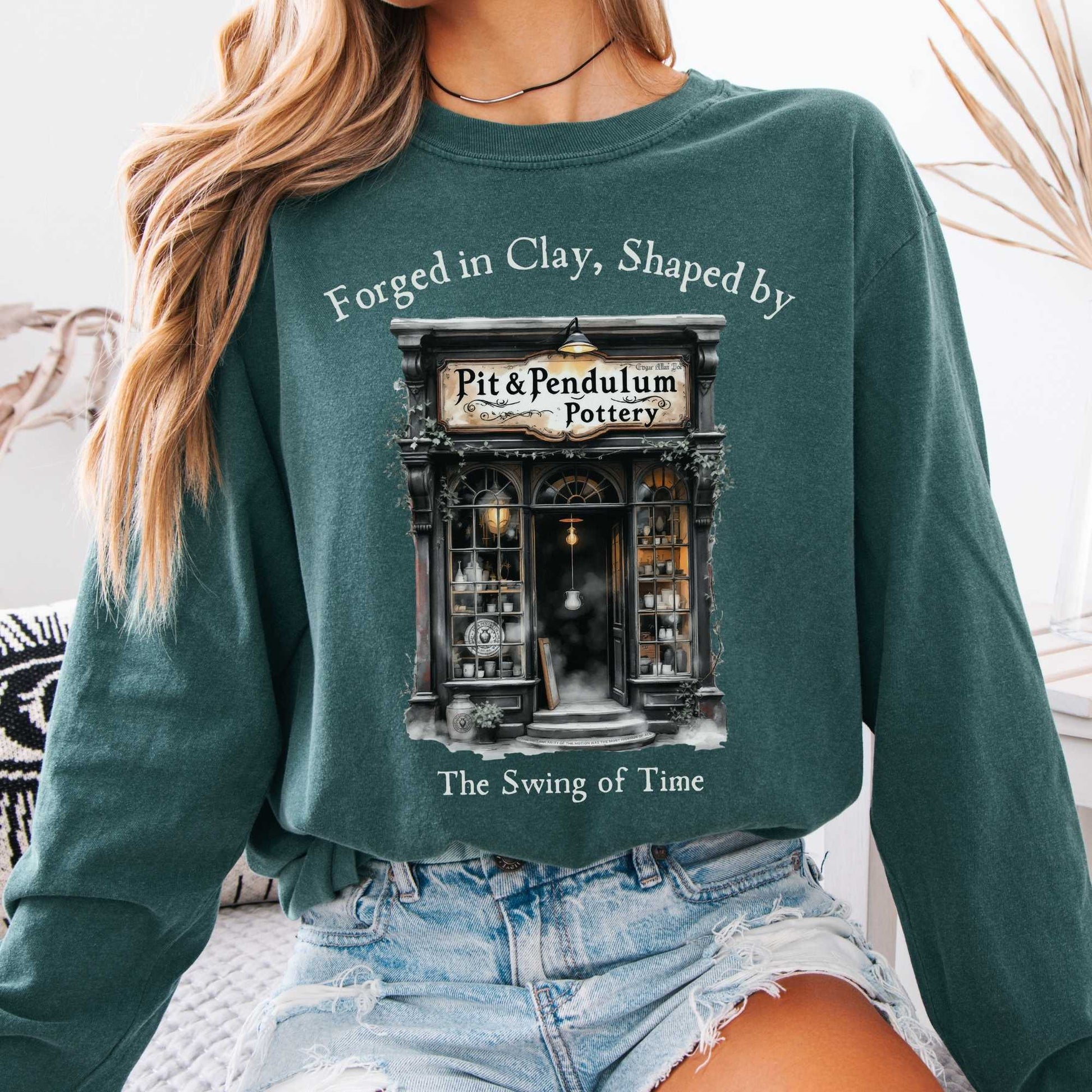 Long-sleeve Blue Spruce / S Pit & Pendulum Pottery Edgar Allan Poe Long Sleeved Shirt The Mystic Eden