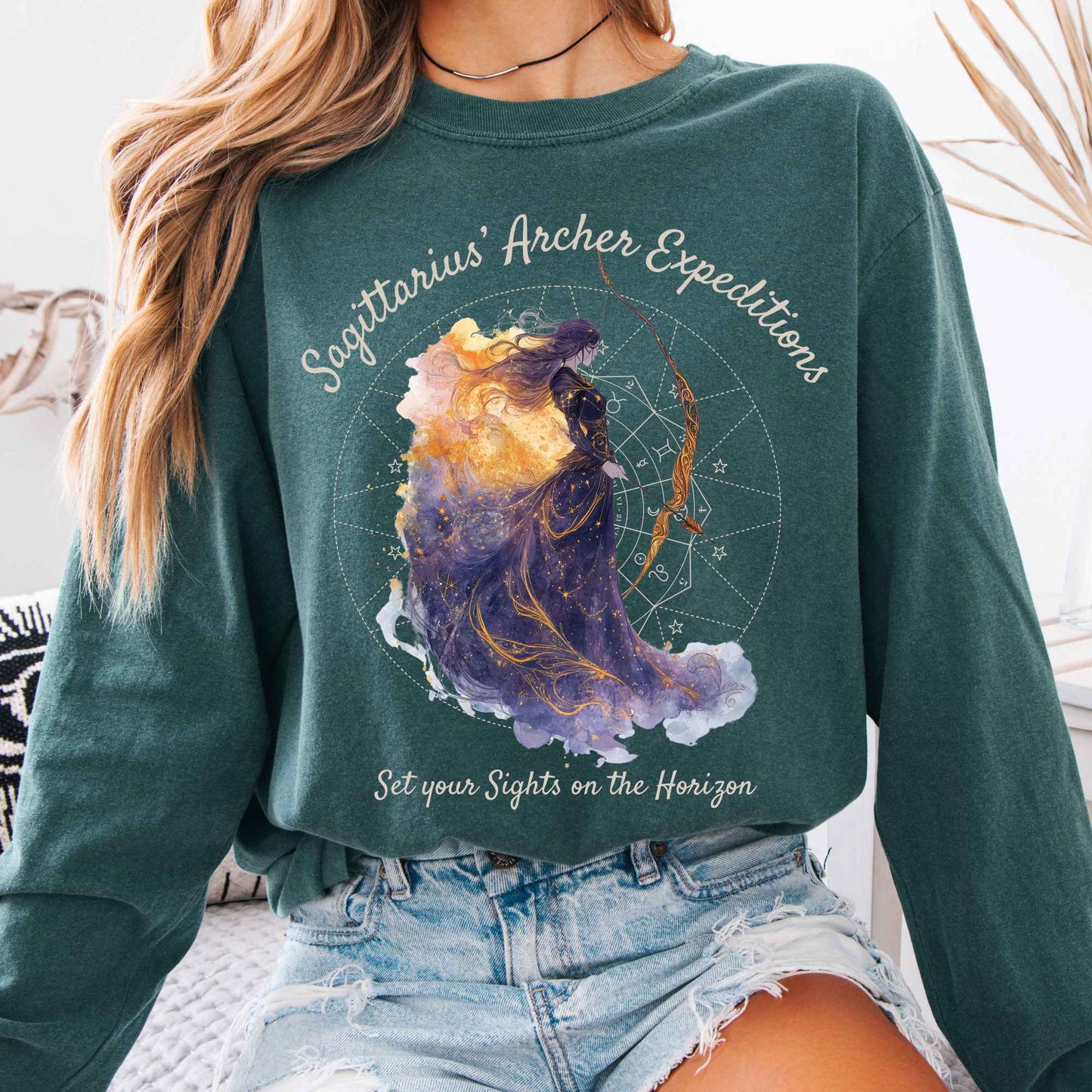 Long-sleeve Blue Spruce / S Sagittarius' Archer Expeditions Zodiac Long Sleeve Tee The Mystic Eden
