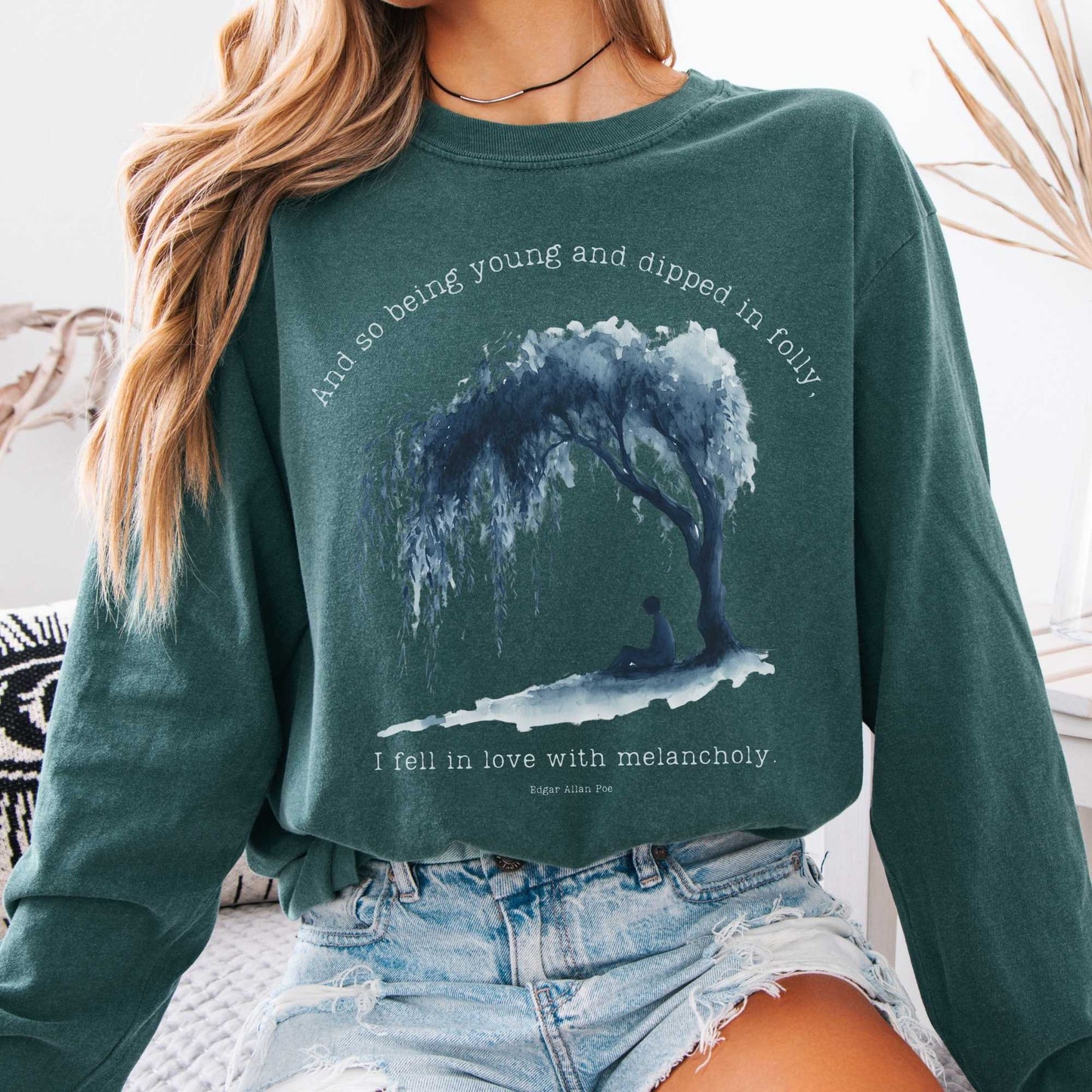 Long-sleeve Blue Spruce / S So Being Young Edgar Allan Poe Long Sleeved Shirt The Mystic Eden