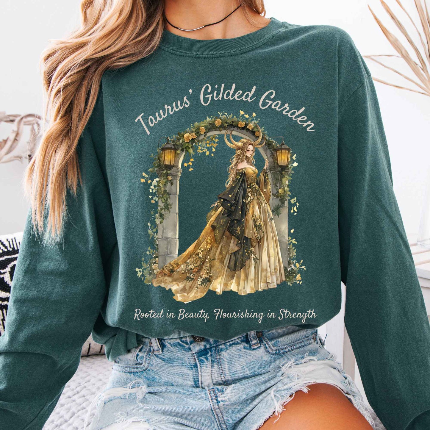 Long-sleeve Blue Spruce / S Taurus's Gilded Garden Zodiac Long Sleeve Shirt The Mystic Eden