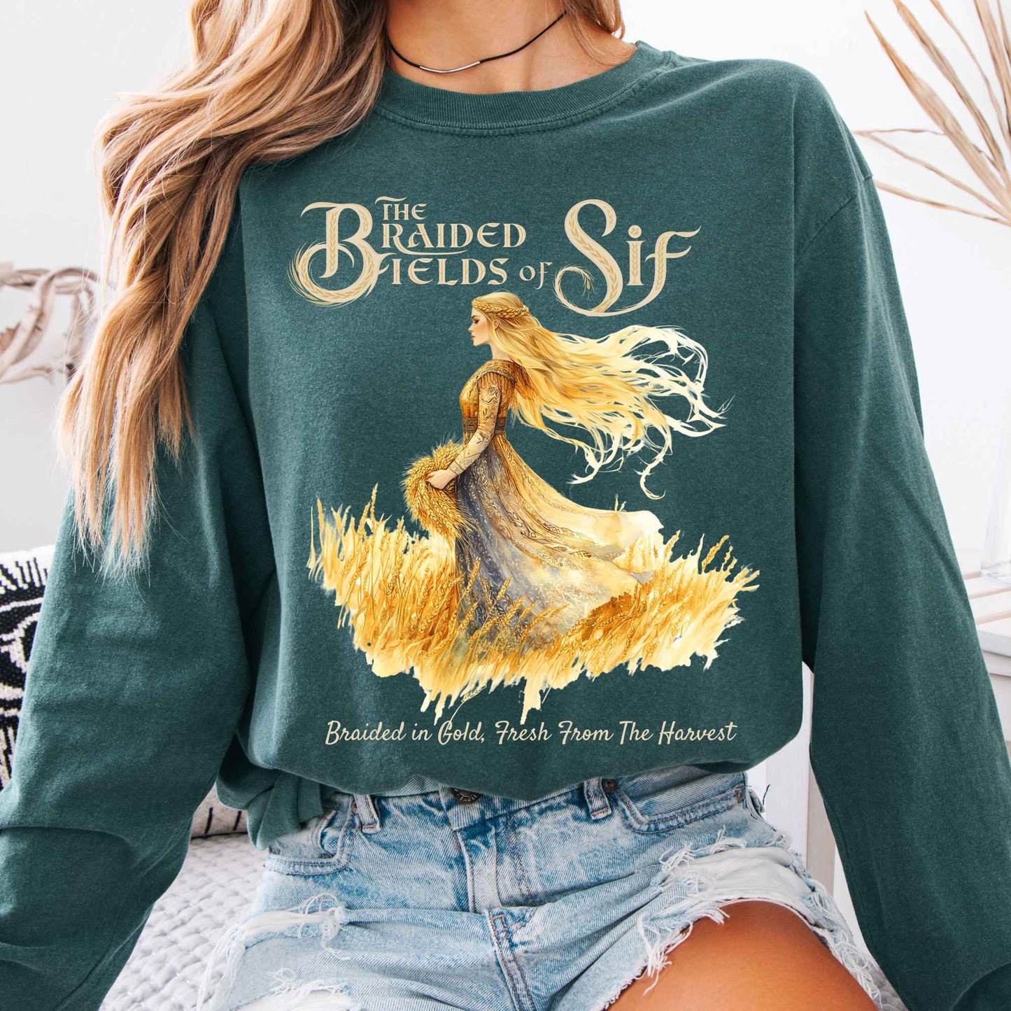 Long-sleeve Blue Spruce / S The Braided Fields of Sif Norse Goddess Long Sleeve Shirt The Mystic Eden