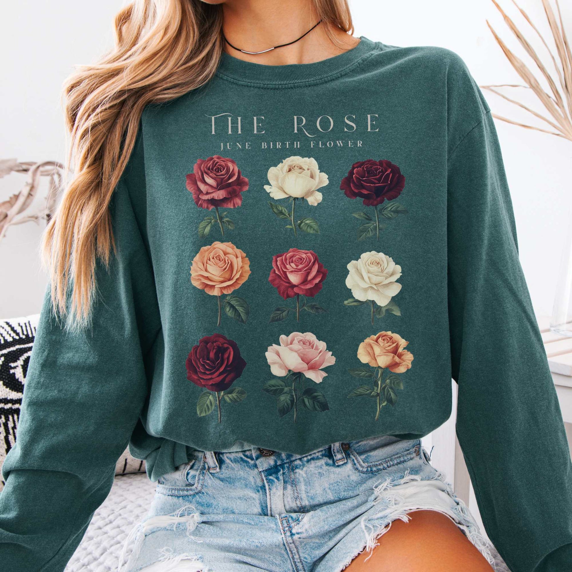Long-sleeve Blue Spruce / S The Rose June Birth Month Flower Long Sleeve Shirt The Mystic Eden