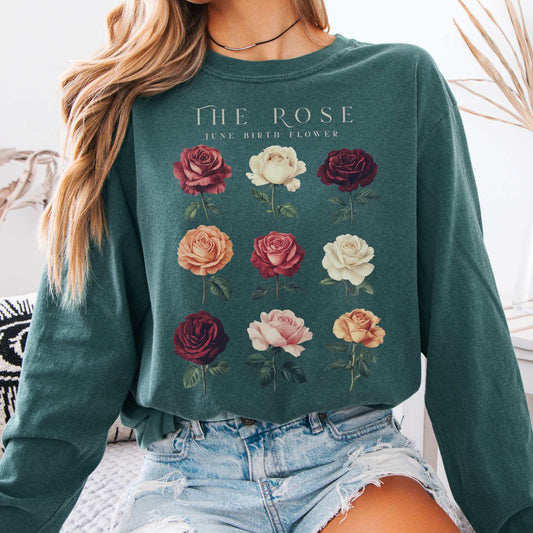 Long-sleeve Blue Spruce / S The Rose June Birth Month Flower Long Sleeve Shirt The Mystic Eden