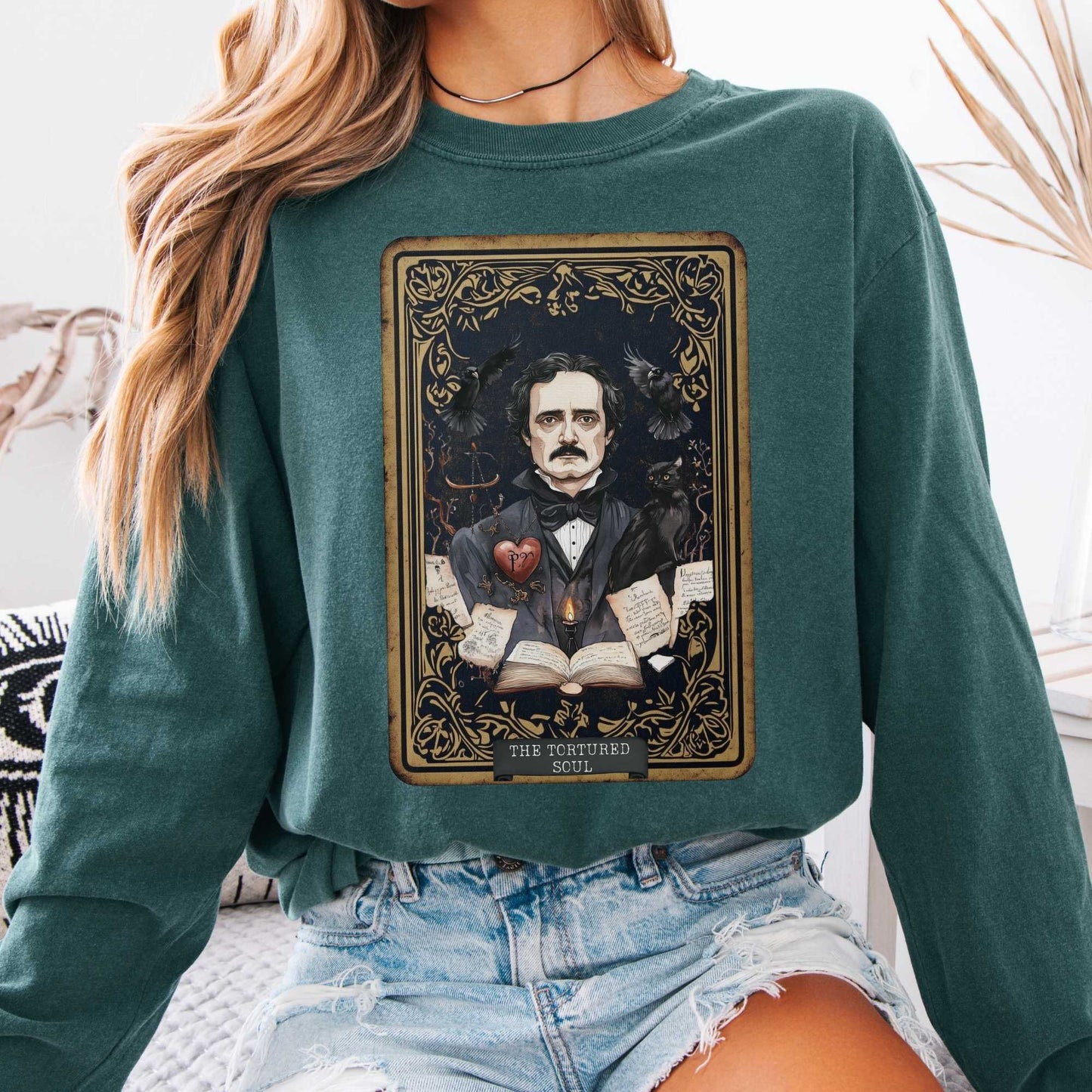 Long-sleeve Blue Spruce / S The Tortured Soul Tarot Card Edgar Allan Poe Long Sleeved Shirt The Mystic Eden