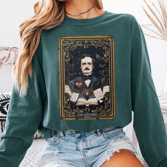 Long-sleeve Blue Spruce / S The Tortured Soul Tarot Card Edgar Allan Poe Long Sleeved Shirt The Mystic Eden