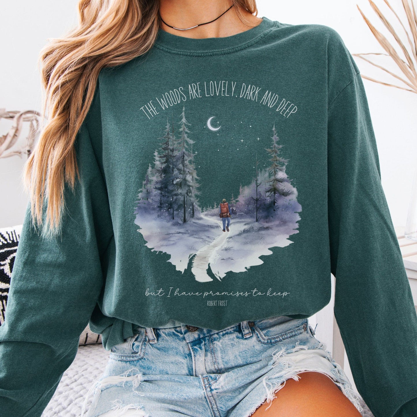 Long-sleeve Blue Spruce / S The Woods Are Lovely Dark And Deep Robert Frost Long Sleeve The Mystic Eden