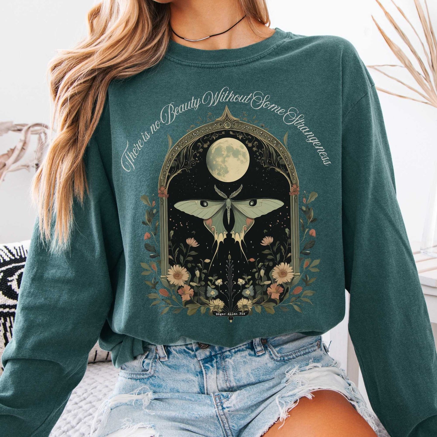 Long-sleeve Blue Spruce / S There is no Beauty Without Some Strangeness Poe Long Sleeved Shirt The Mystic Eden
