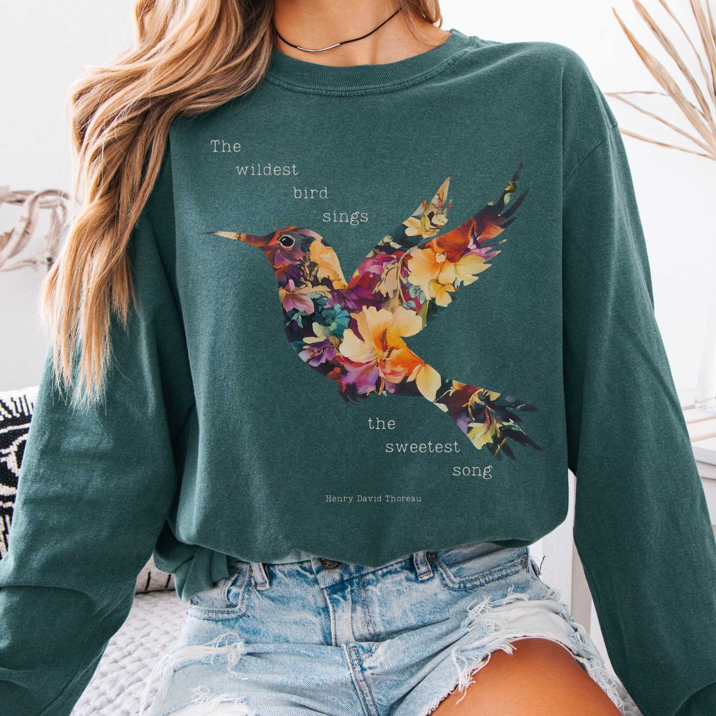 Long-sleeve Blue Spruce / S Thoreau Shirt Long Sleeve Where The Wildest Bird Sings The Mystic Eden
