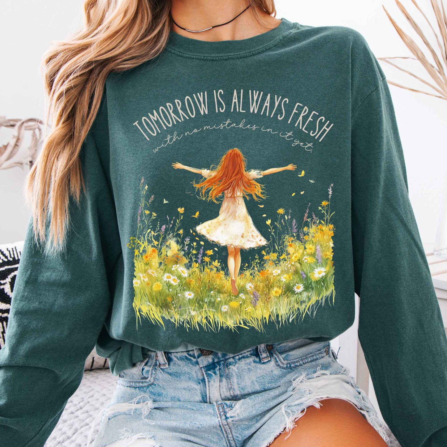 Long-sleeve Blue Spruce / S Tomorrow Is Always Fresh With No Mistakes Anne of Green Gables Long Sleeve Shirt The Mystic Eden