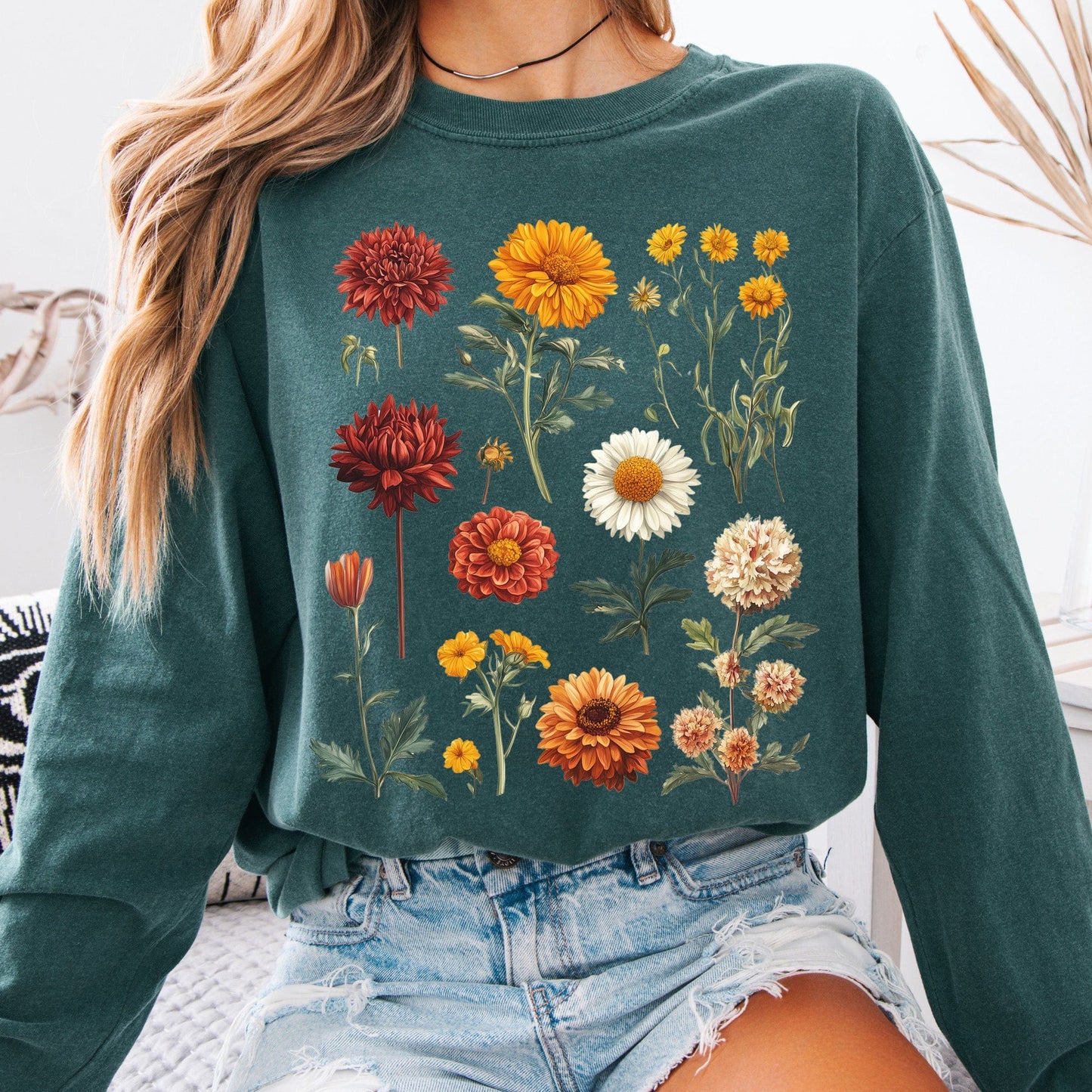 Long-sleeve Blue Spruce / S Vintage Botanical Floral Long Sleeve Shirt The Mystic Eden