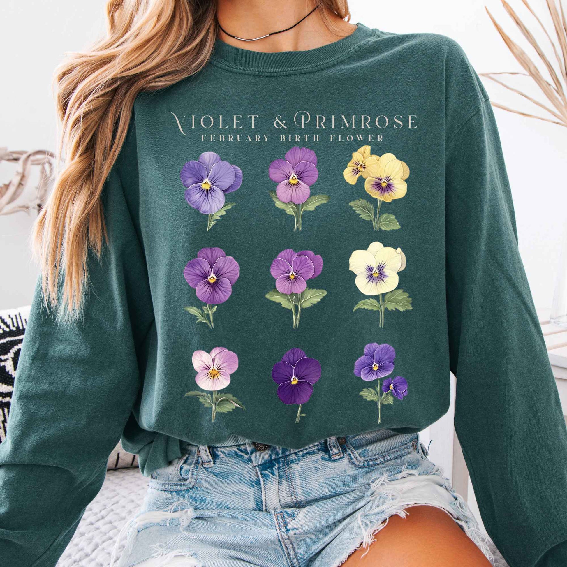 Long-sleeve Blue Spruce / S Violet & Primrose February Birth Month Flower Long Sleeve Shirt The Mystic Eden