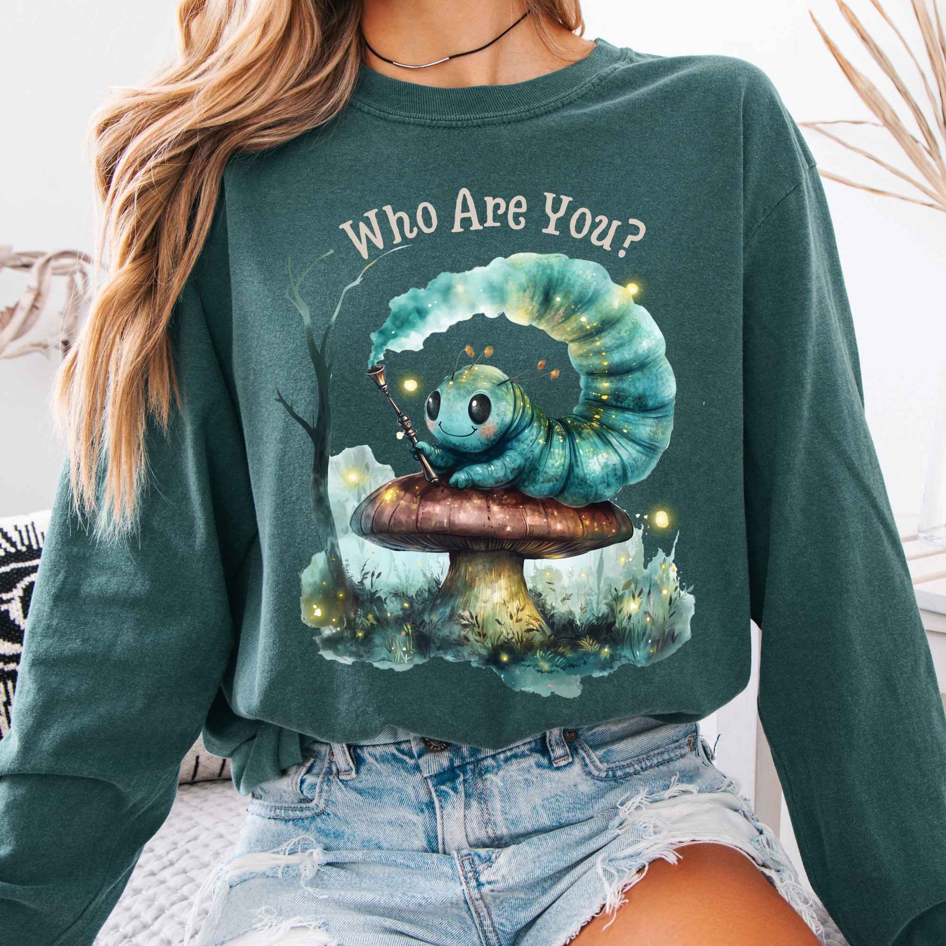 Long-sleeve Blue Spruce / S Who are you? Caterpillar Alice's Adventures in Wonderland Long Sleeve Shirt The Mystic Eden