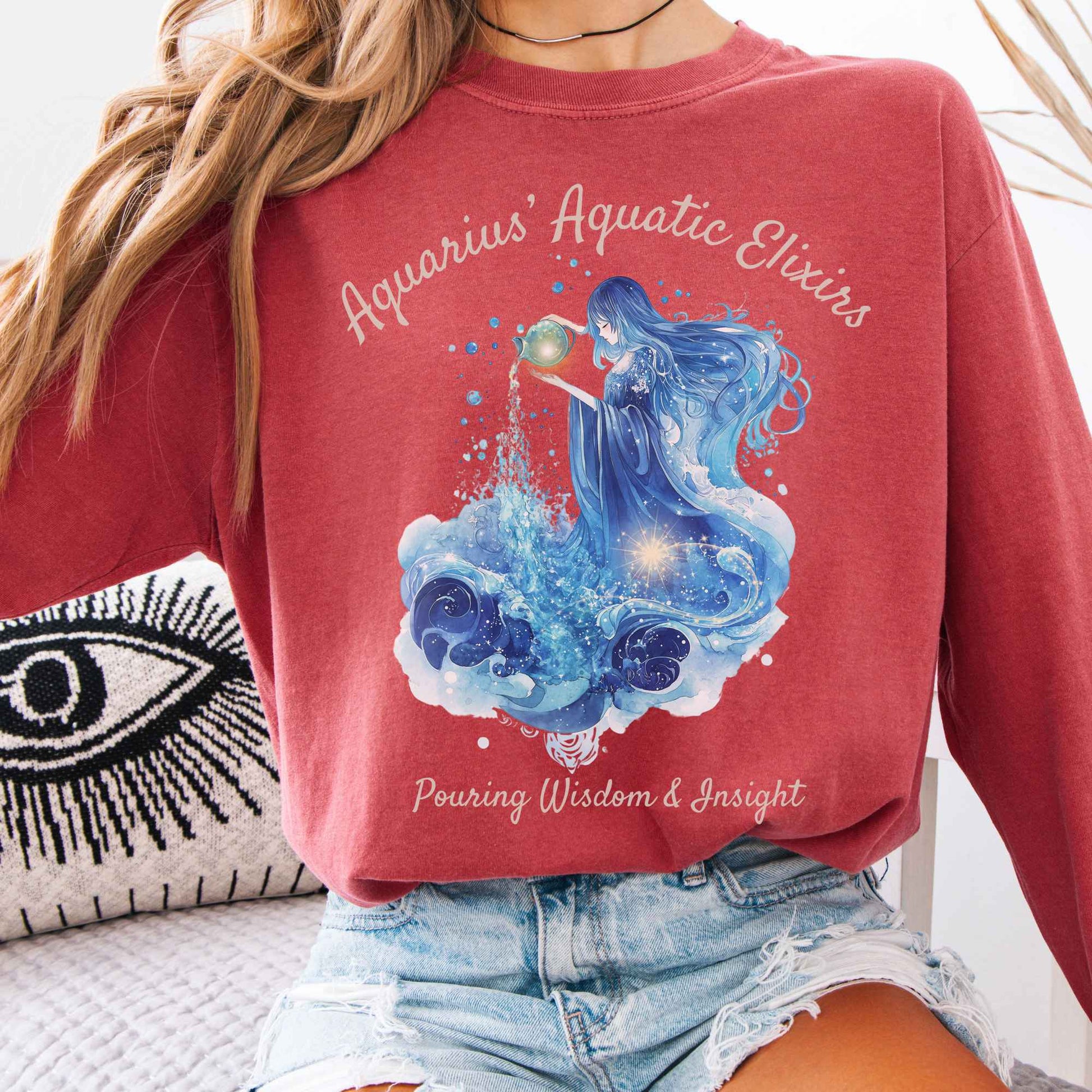 Long-sleeve Crimson / S Aquarius Aquatic Elixirs Zodiac Long Sleeve Tee The Mystic Eden