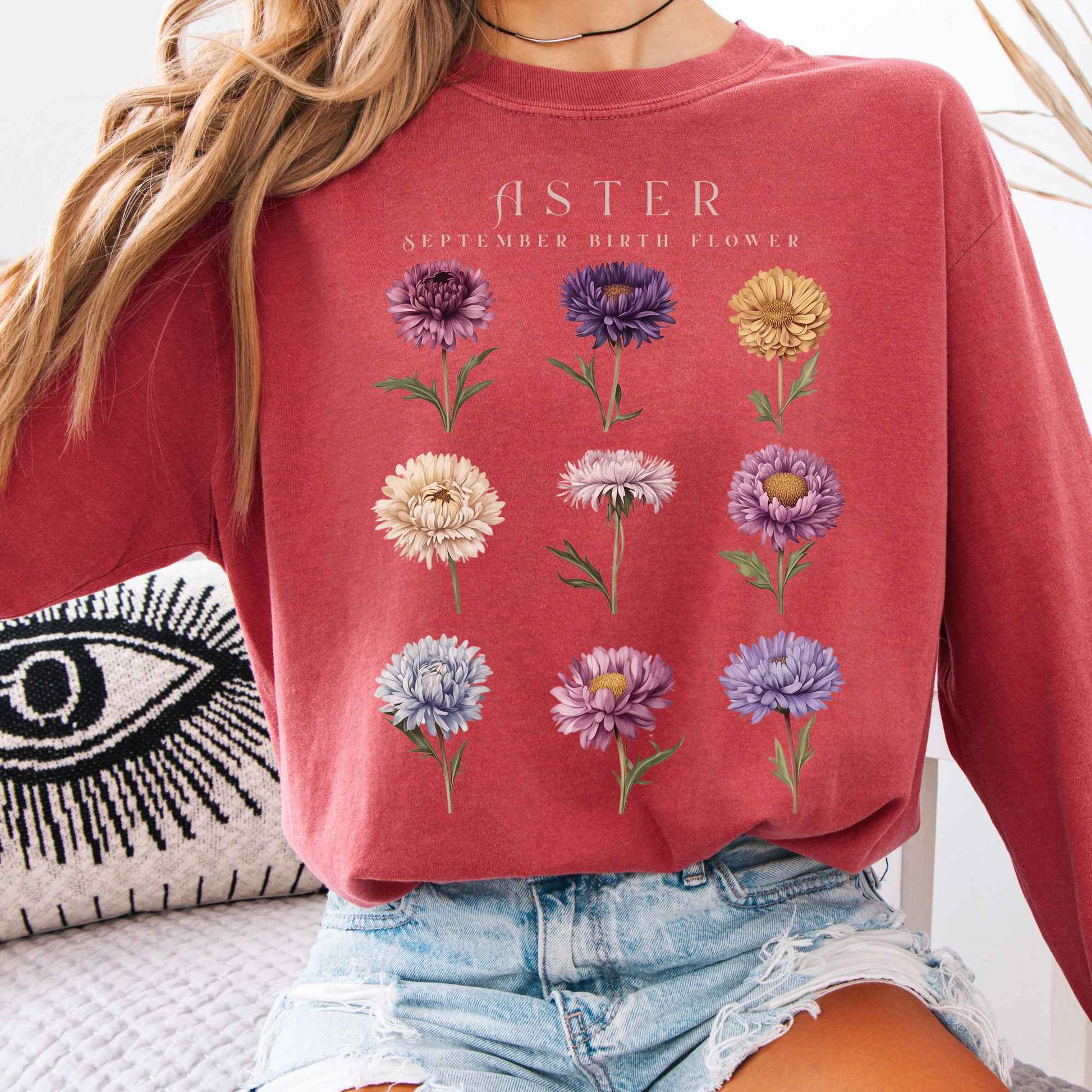 Long-sleeve Crimson / S Aster September Birth Month Flower Long Sleeve Shirt The Mystic Eden