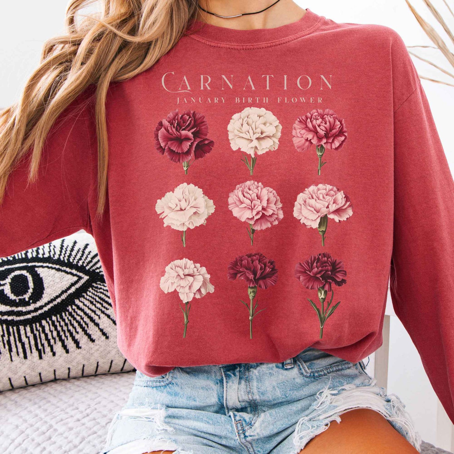 Long-sleeve Crimson / S Carnation January Birth Month Flower Long Sleeve Shirt The Mystic Eden