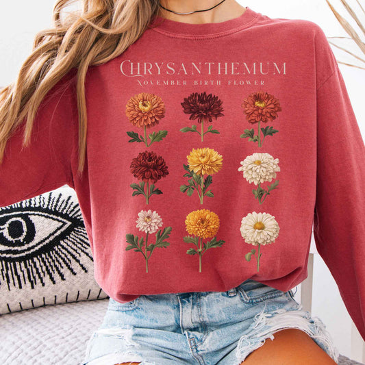 Long-sleeve Crimson / S Chrysanthemum November Birth Month Flower Long Sleeve Shirt The Mystic Eden