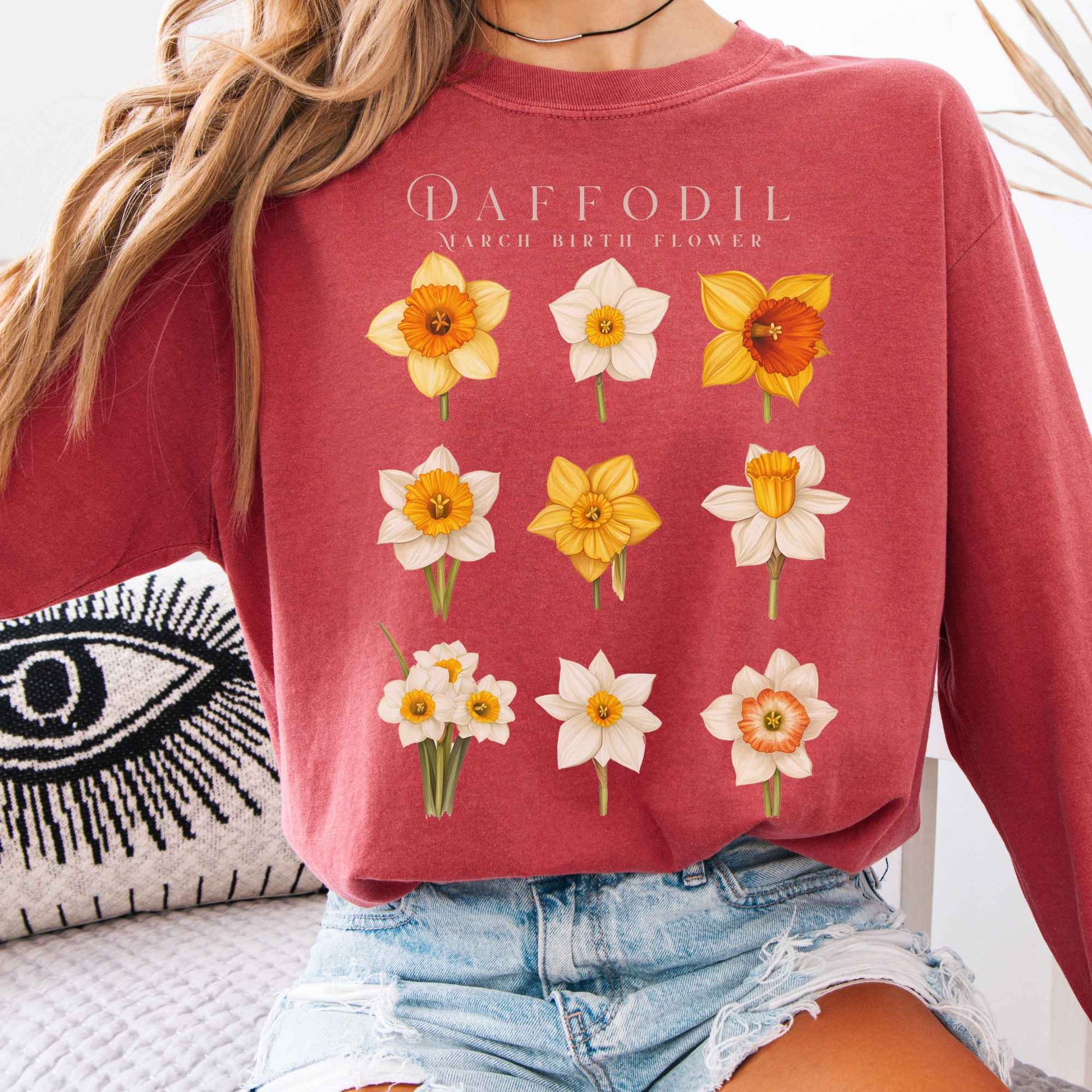 Long-sleeve Crimson / S Daffodil March Birth Month Flower Long Sleeve Shirt The Mystic Eden