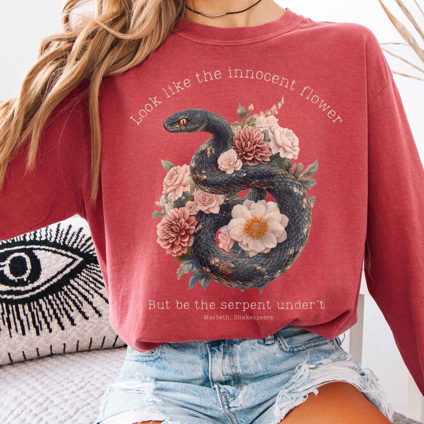 Long-sleeve Crimson / S Look Like The Innocent Flower But Be The Serpent Under't Shakespeare Long Sleeve Shirt The Mystic Eden