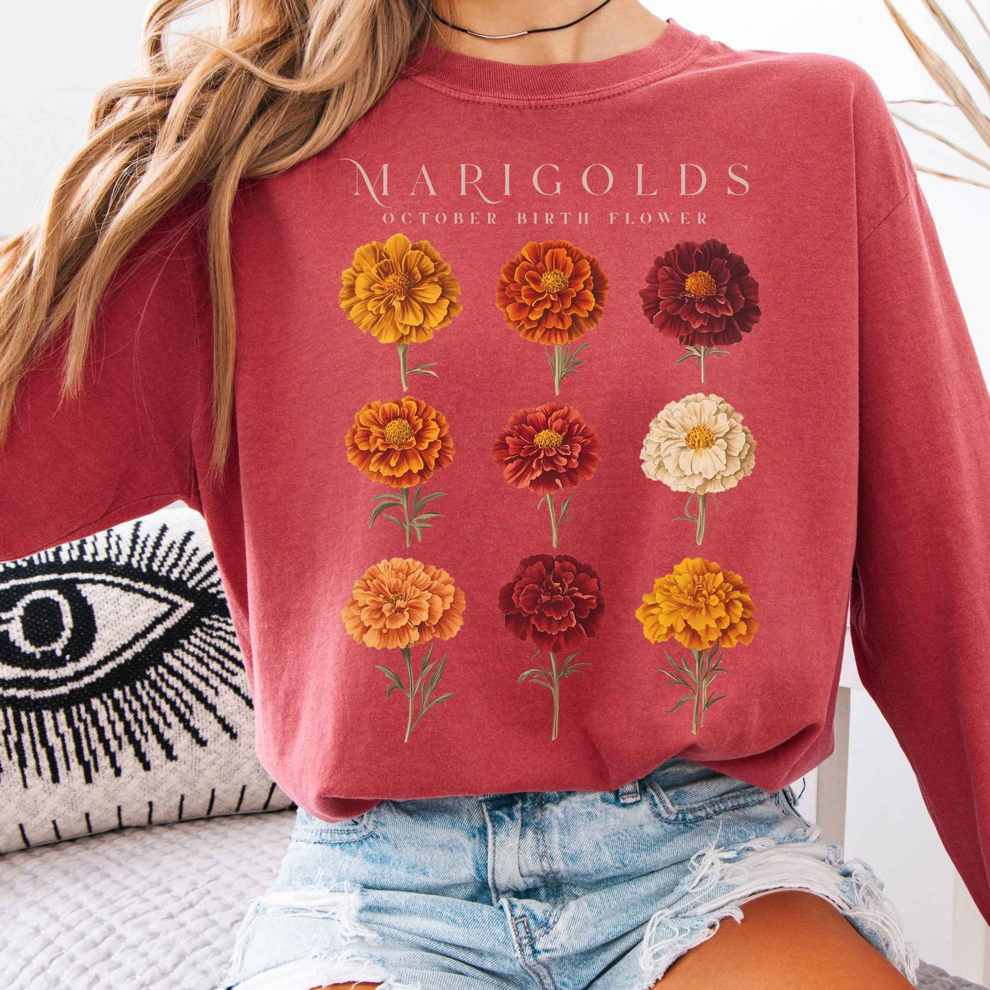 Long-sleeve Crimson / S Marigolds October Birth Month Flower Long Sleeve Shirt The Mystic Eden