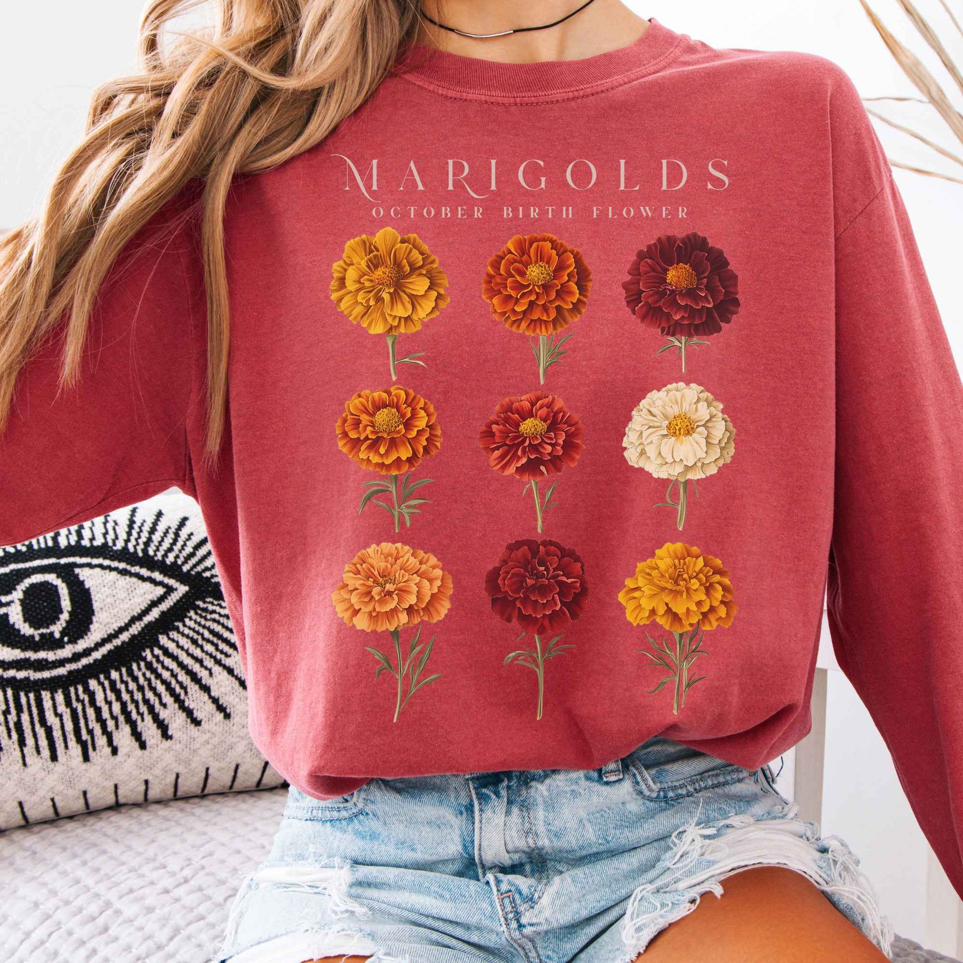 Long-sleeve Crimson / S Marigolds October Birth Month Flower Long Sleeve Shirt The Mystic Eden
