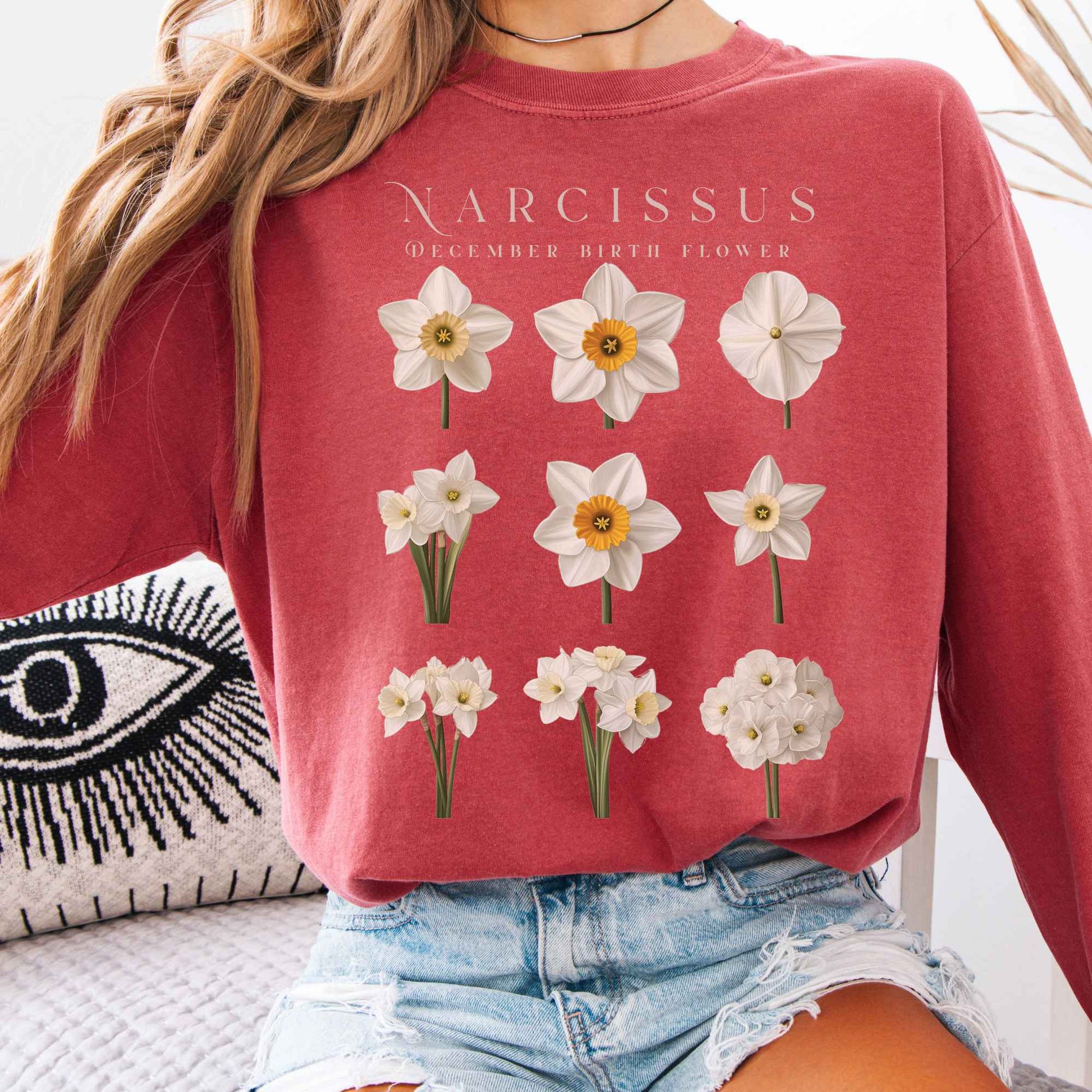 Long-sleeve Crimson / S Narcissus December Birth Month Flower Long Sleeve Shirt The Mystic Eden