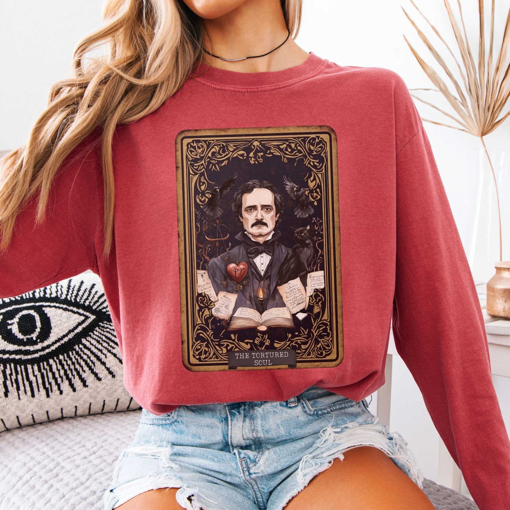 Long-sleeve Crimson / S The Tortured Soul Tarot Card Edgar Allan Poe Long Sleeved Shirt The Mystic Eden