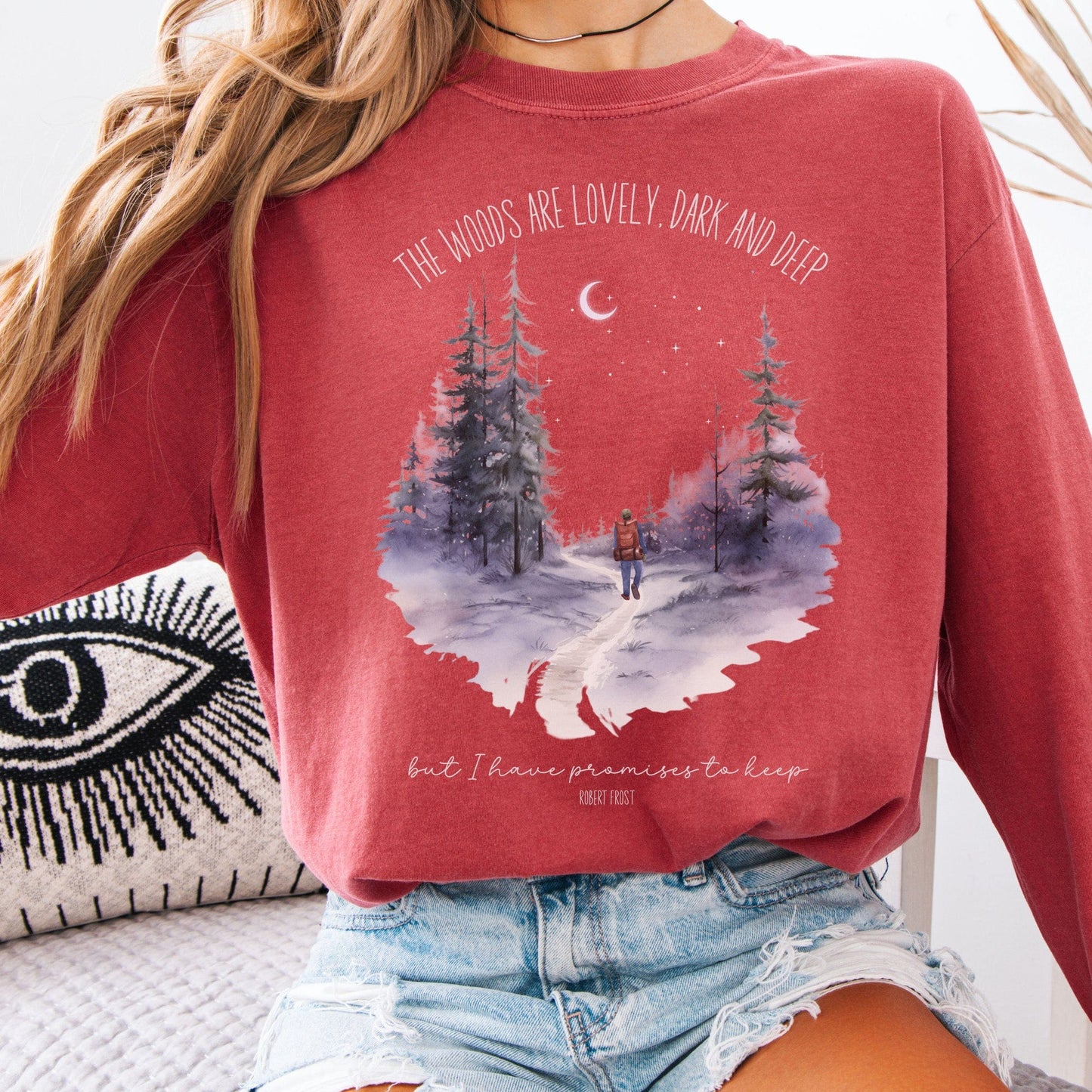 Long-sleeve Crimson / S The Woods Are Lovely Dark And Deep Robert Frost Long Sleeve The Mystic Eden