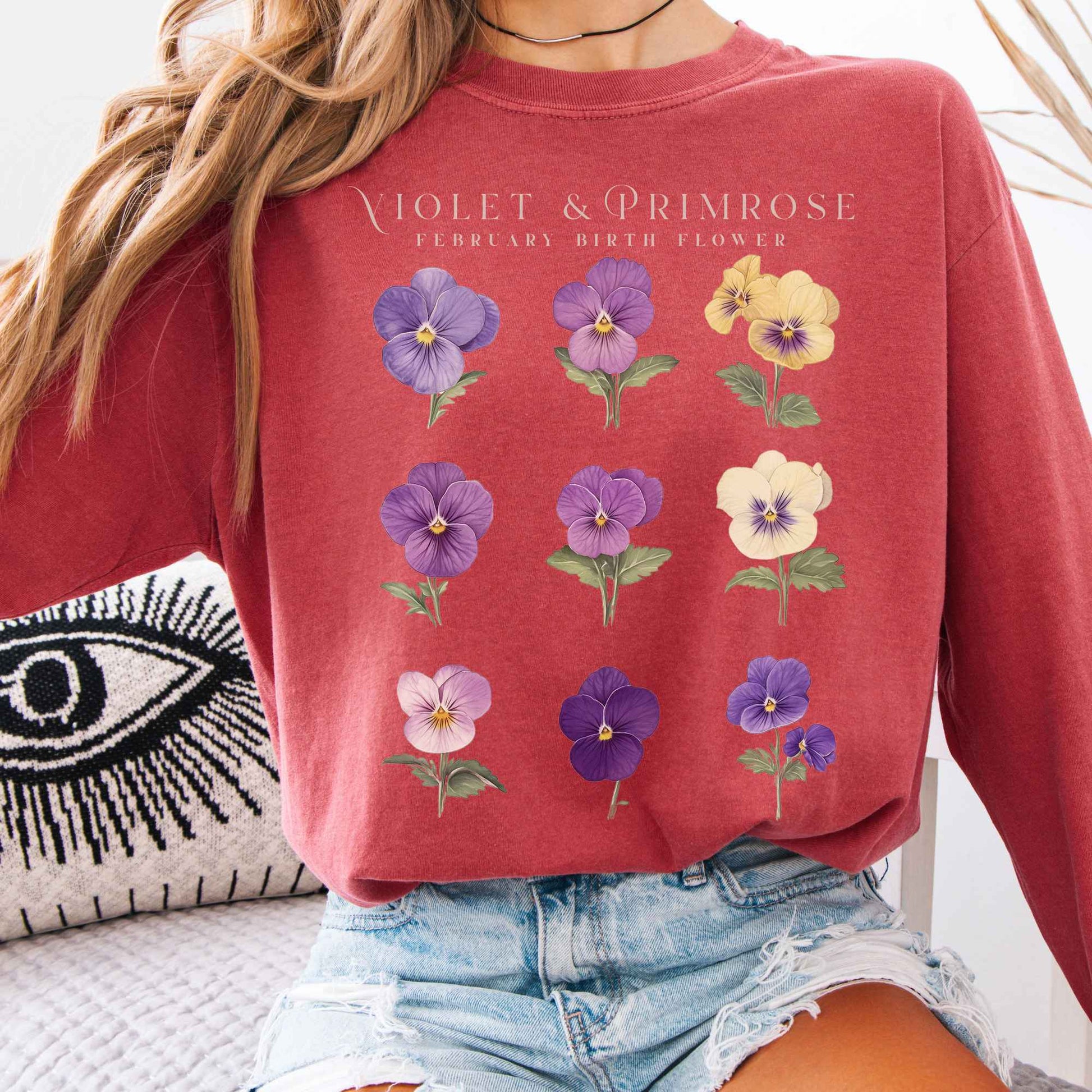 Long-sleeve Crimson / S Violet & Primrose February Birth Month Flower Long Sleeve Shirt The Mystic Eden