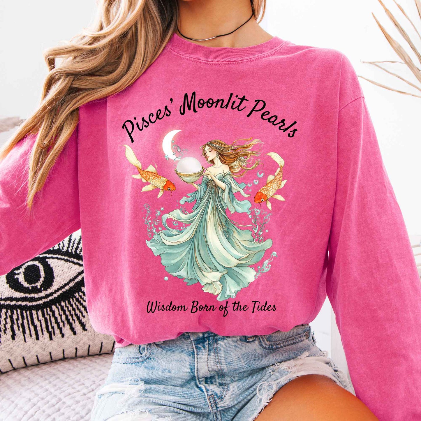 Long-sleeve Crunchberry / S Pisces' Moonlit Pearls Zodiac Long Sleeve Tee The Mystic Eden