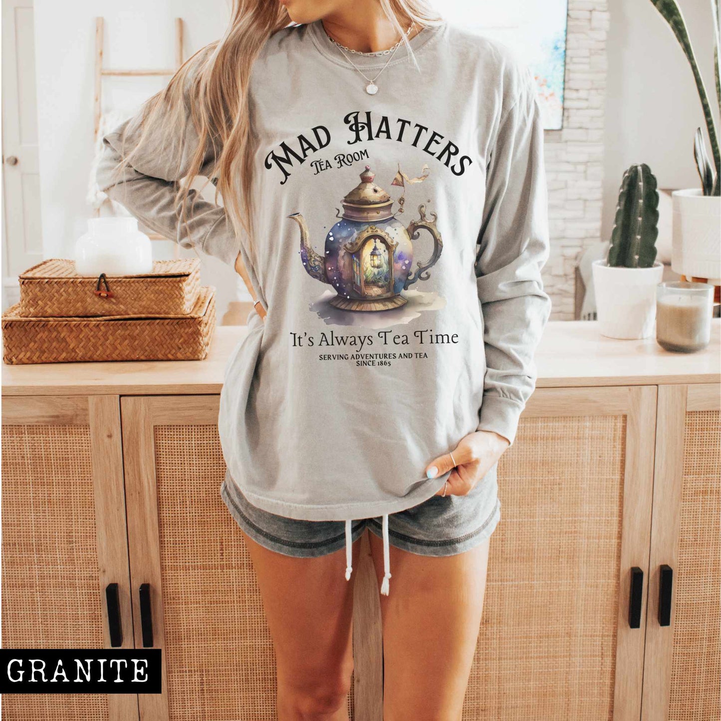 Long-sleeve Granite / S It's Always Tea Time - Mad Hatters Tea Room Long Sleeved Shirt The Mystic Eden