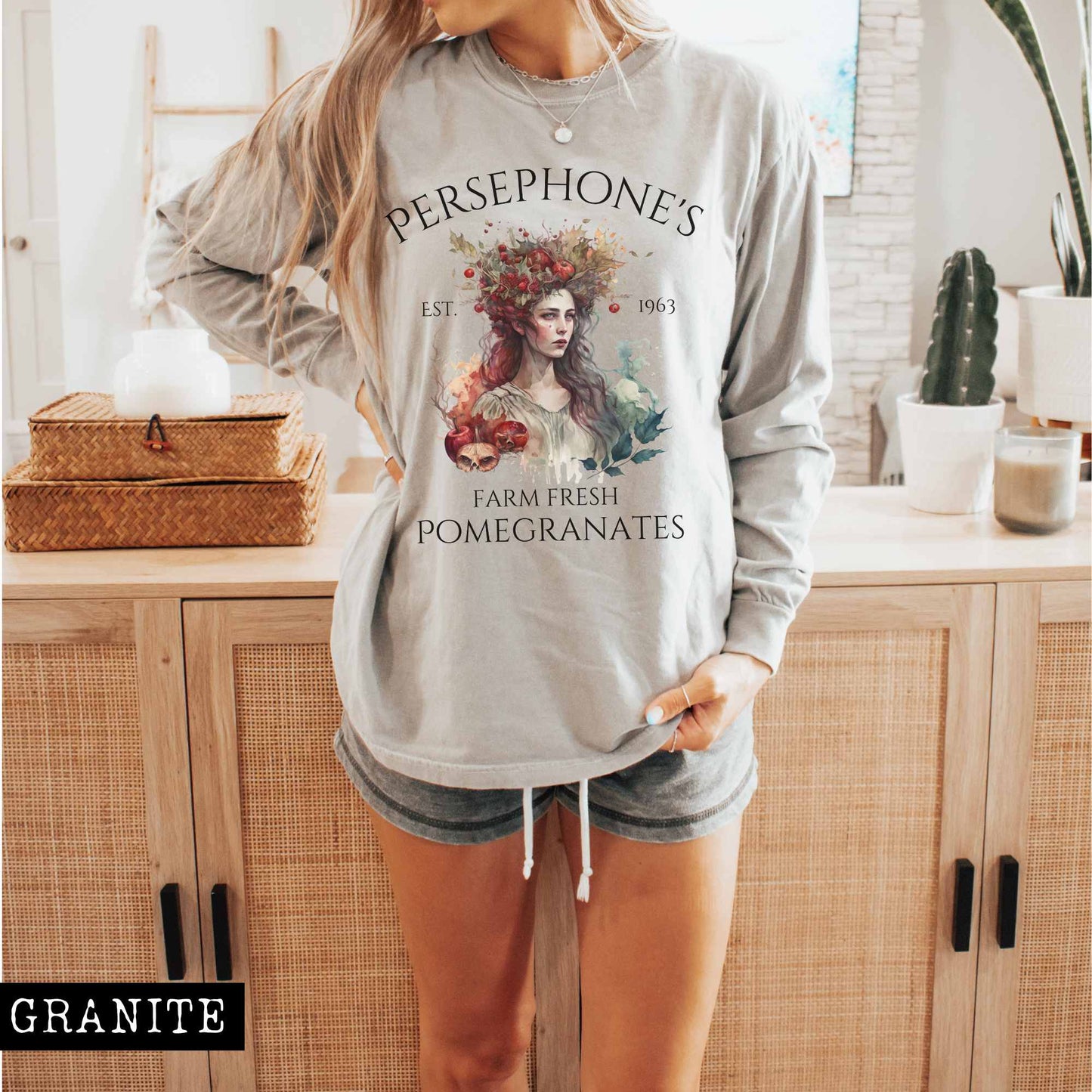 Long-sleeve Granite / S Persephone's Farm Fresh Pomegranates Long Sleeve T-Shirt The Mystic Eden