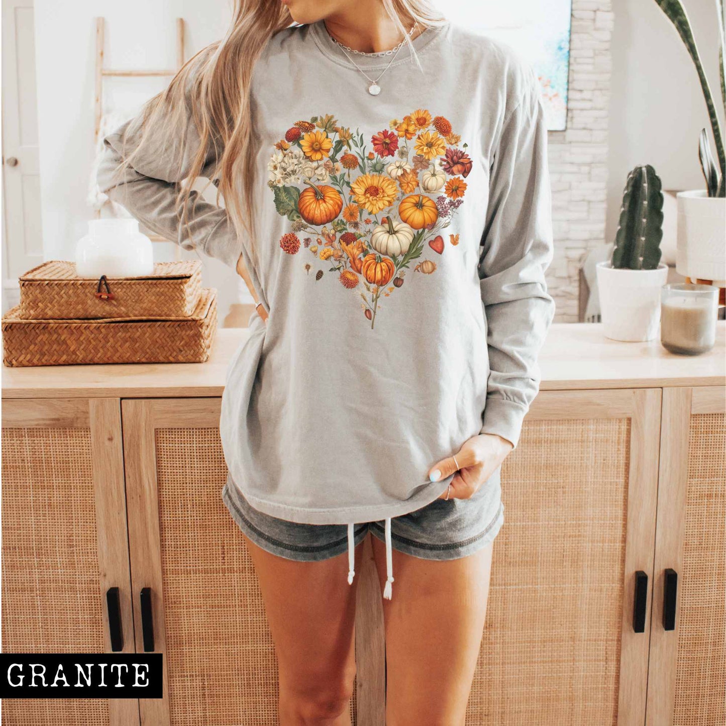 Long-sleeve Granite / S Pumpkin floral fall heart - long sleeve tee The Mystic Eden