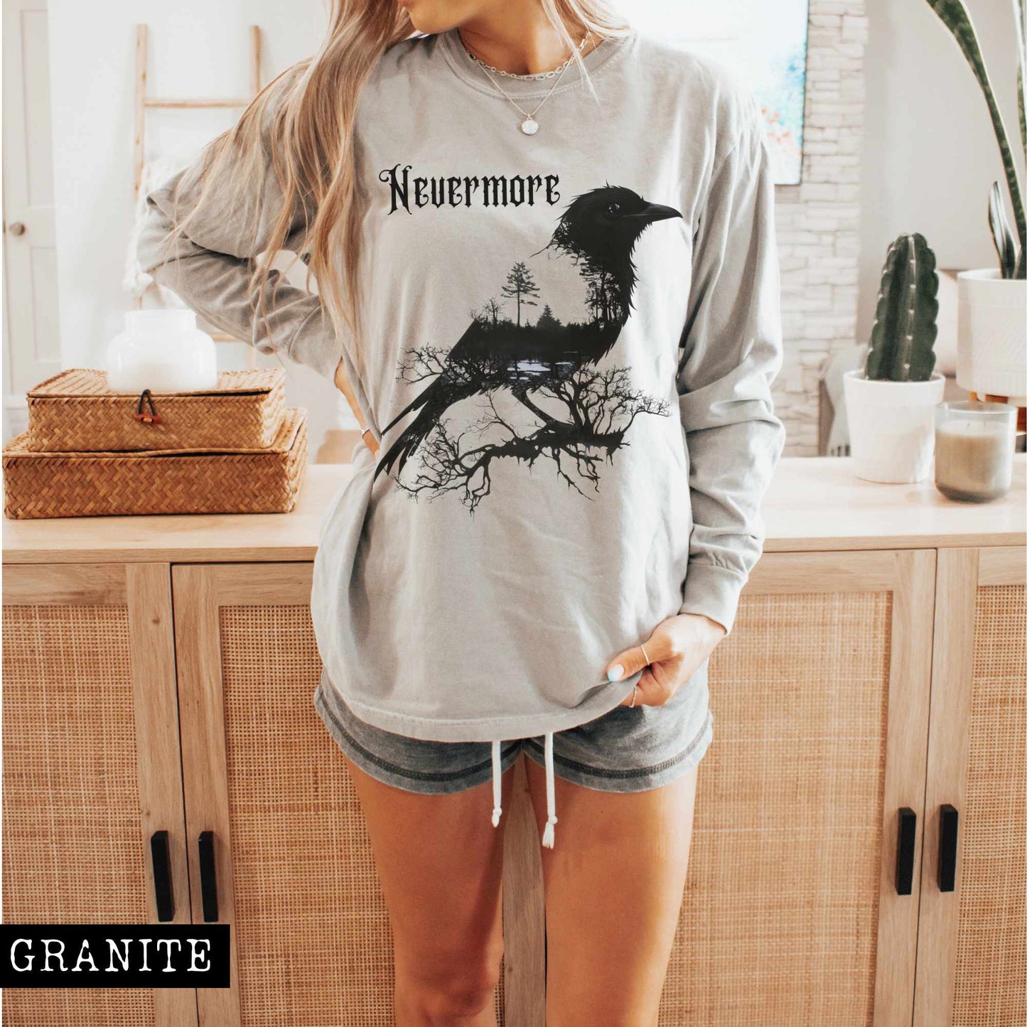 Long-sleeve Granite / S The Raven Nevermore Long Sleeved Shirt Edgar Allan Poe The Mystic Eden
