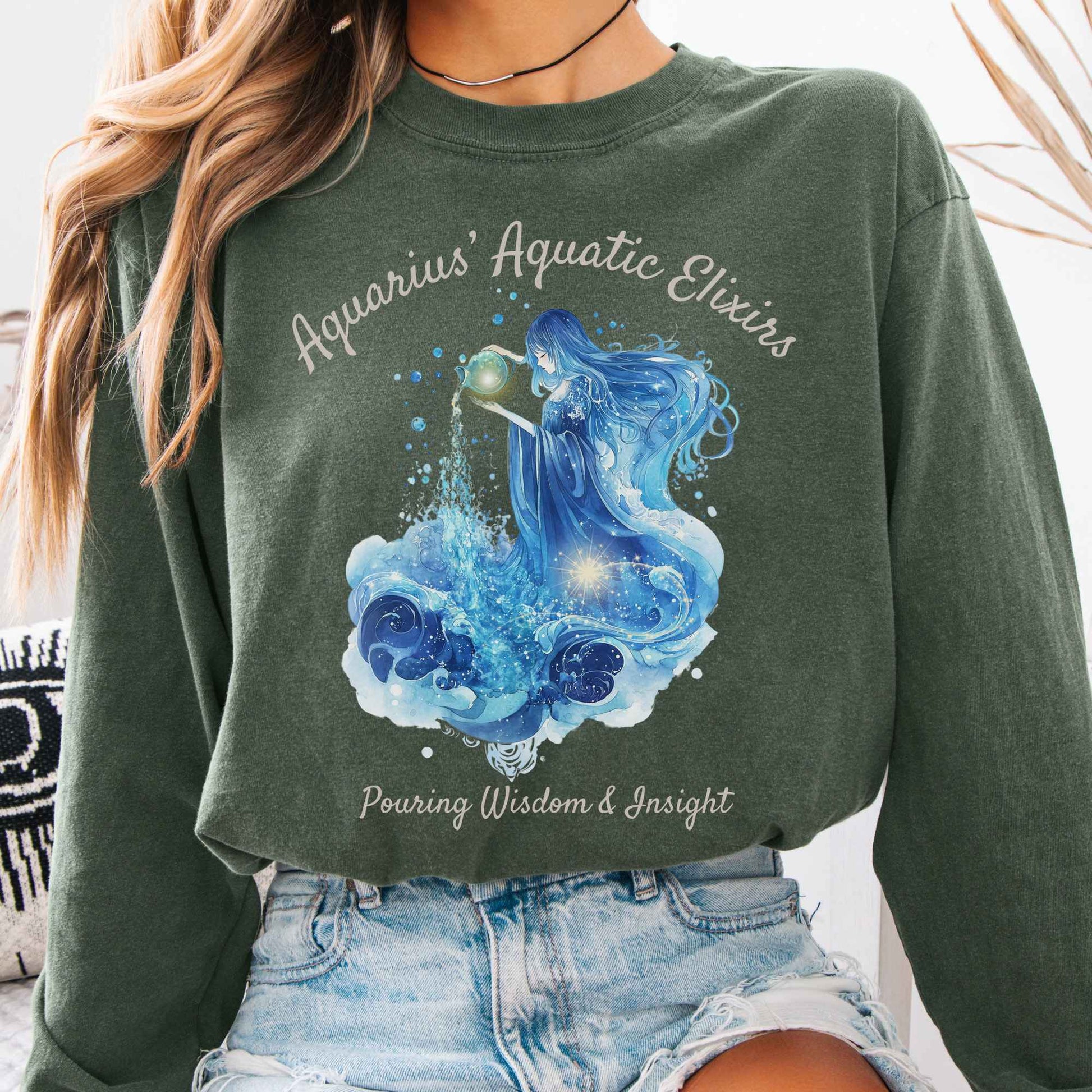 Long-sleeve Hemp / S Aquarius Aquatic Elixirs Zodiac Long Sleeve Tee The Mystic Eden