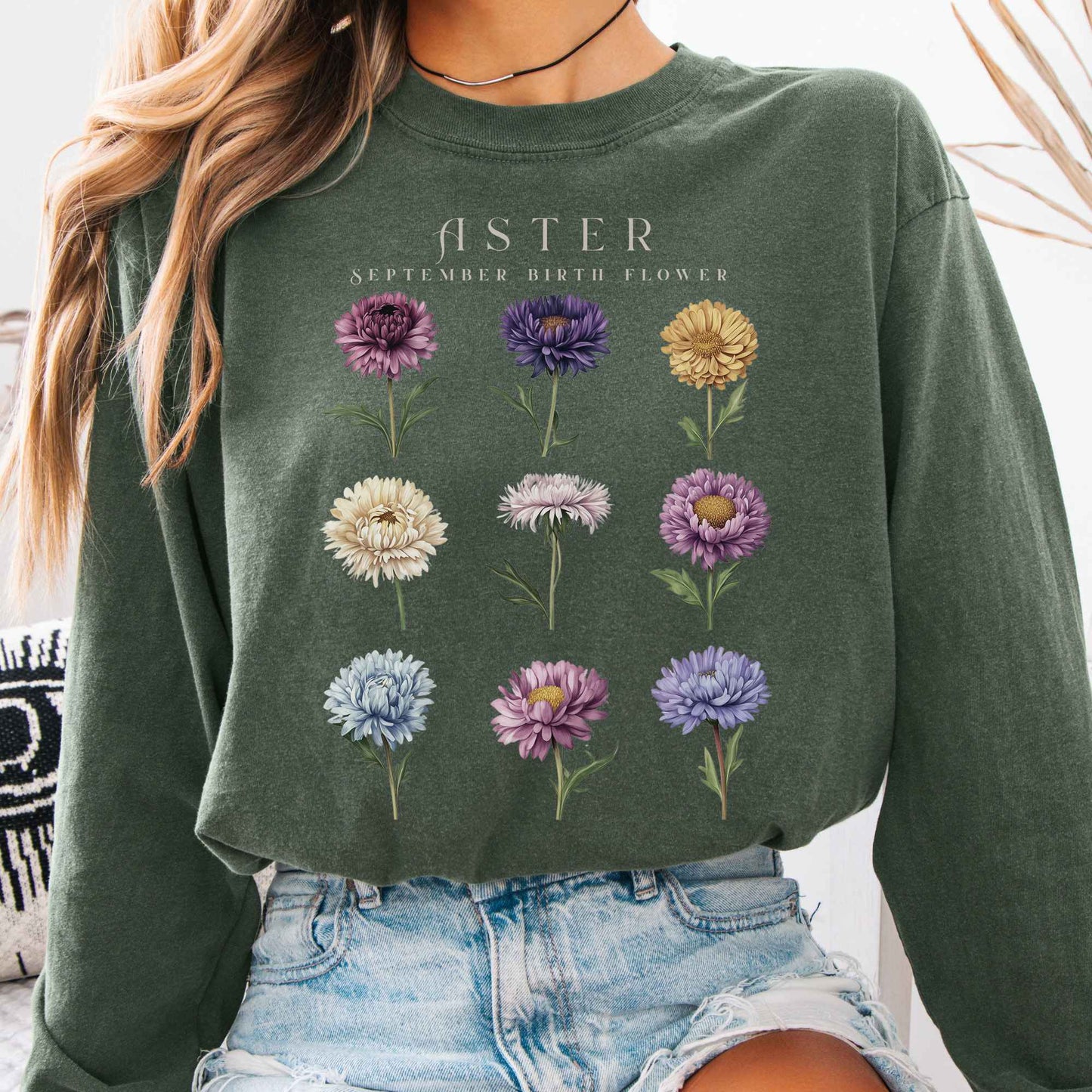 Long-sleeve Hemp / S Aster September Birth Month Flower Long Sleeve Shirt The Mystic Eden
