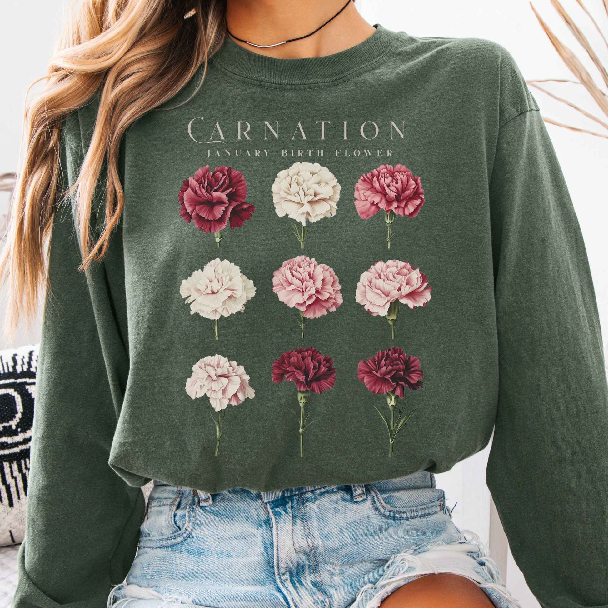 Long-sleeve Hemp / S Carnation January Birth Month Flower Long Sleeve Shirt The Mystic Eden