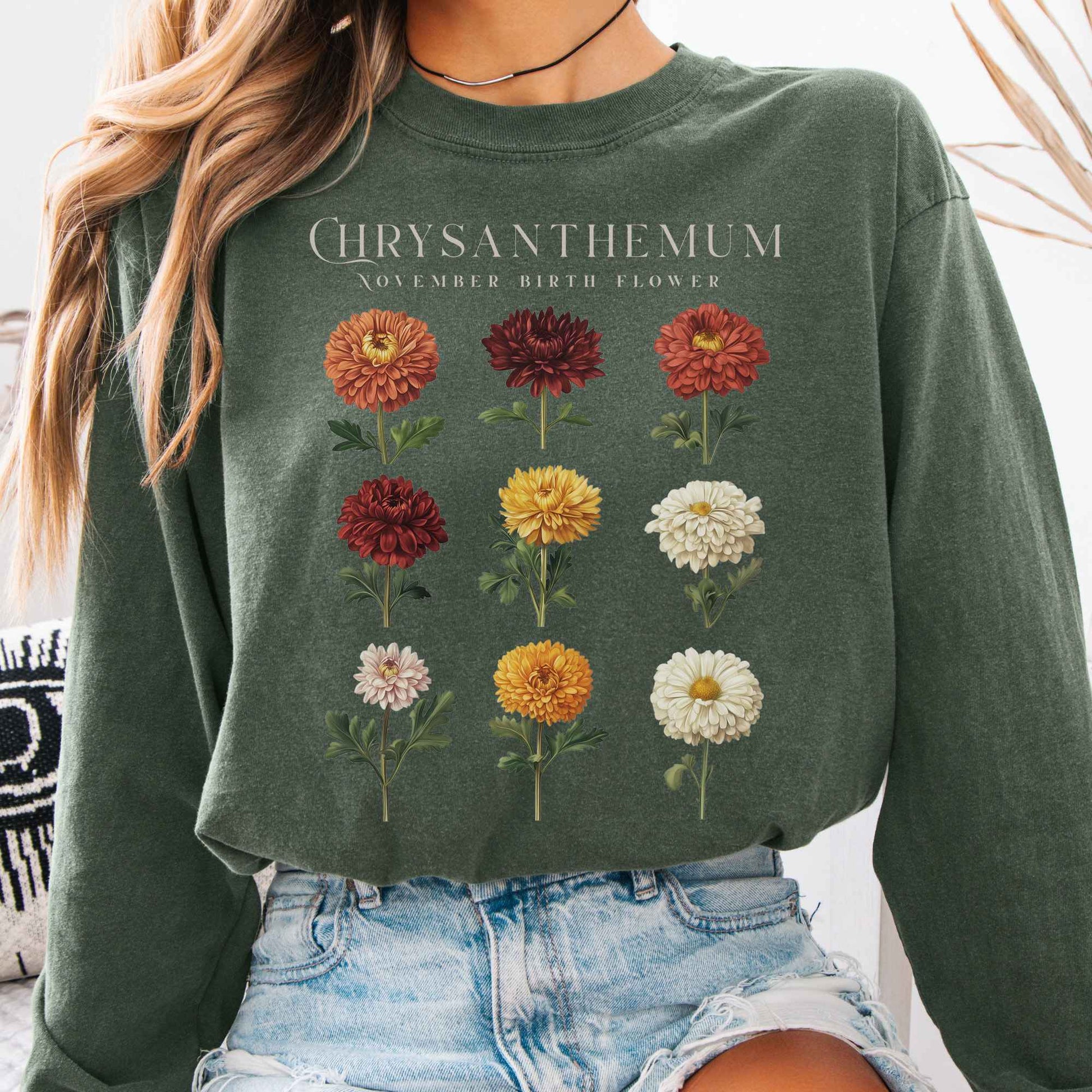 Long-sleeve Hemp / S Chrysanthemum November Birth Month Flower Long Sleeve Shirt The Mystic Eden